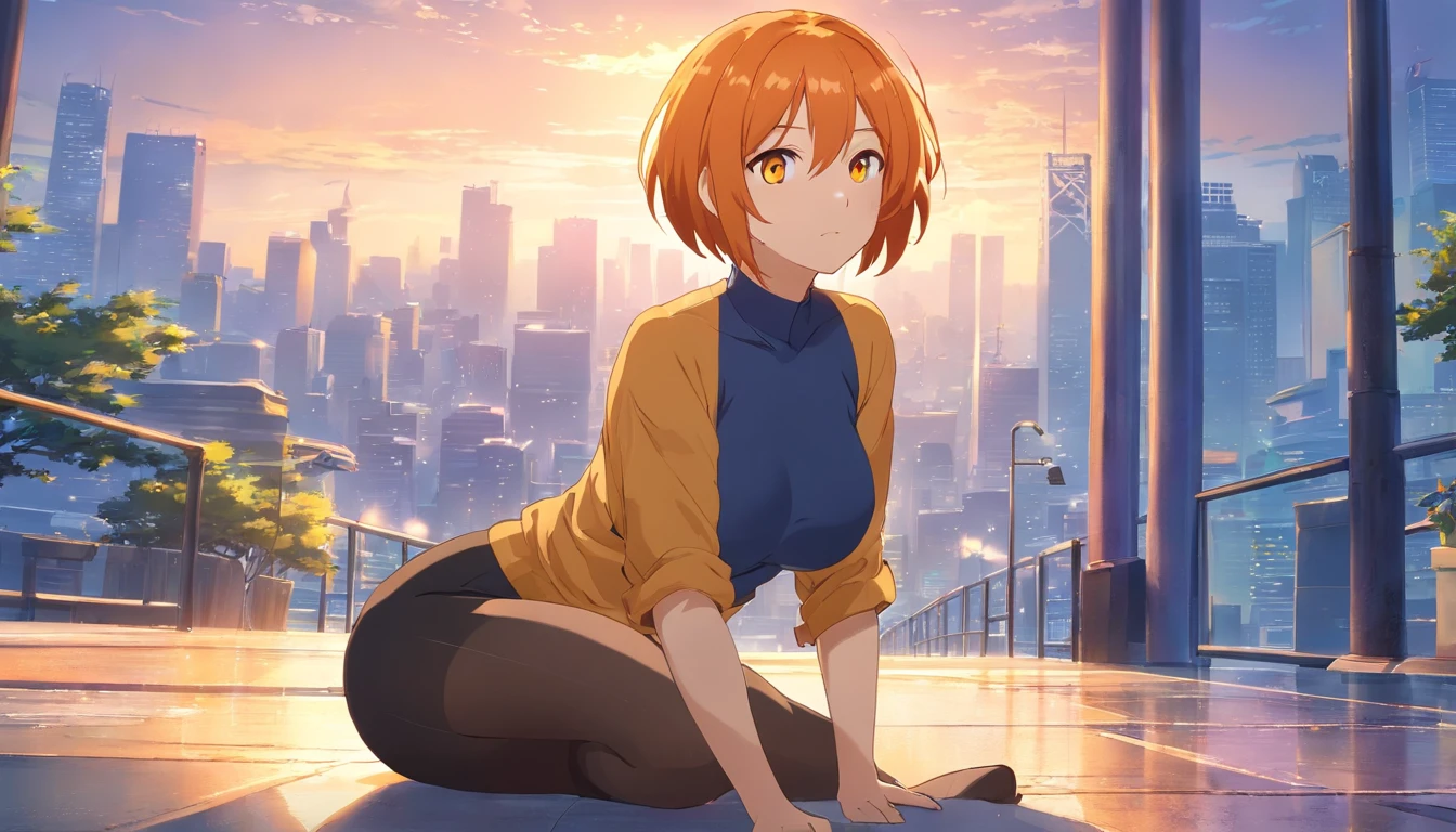 Orange hair、Short Bob、yellow  eyes、huge tit、Big ass、Black full-length tights