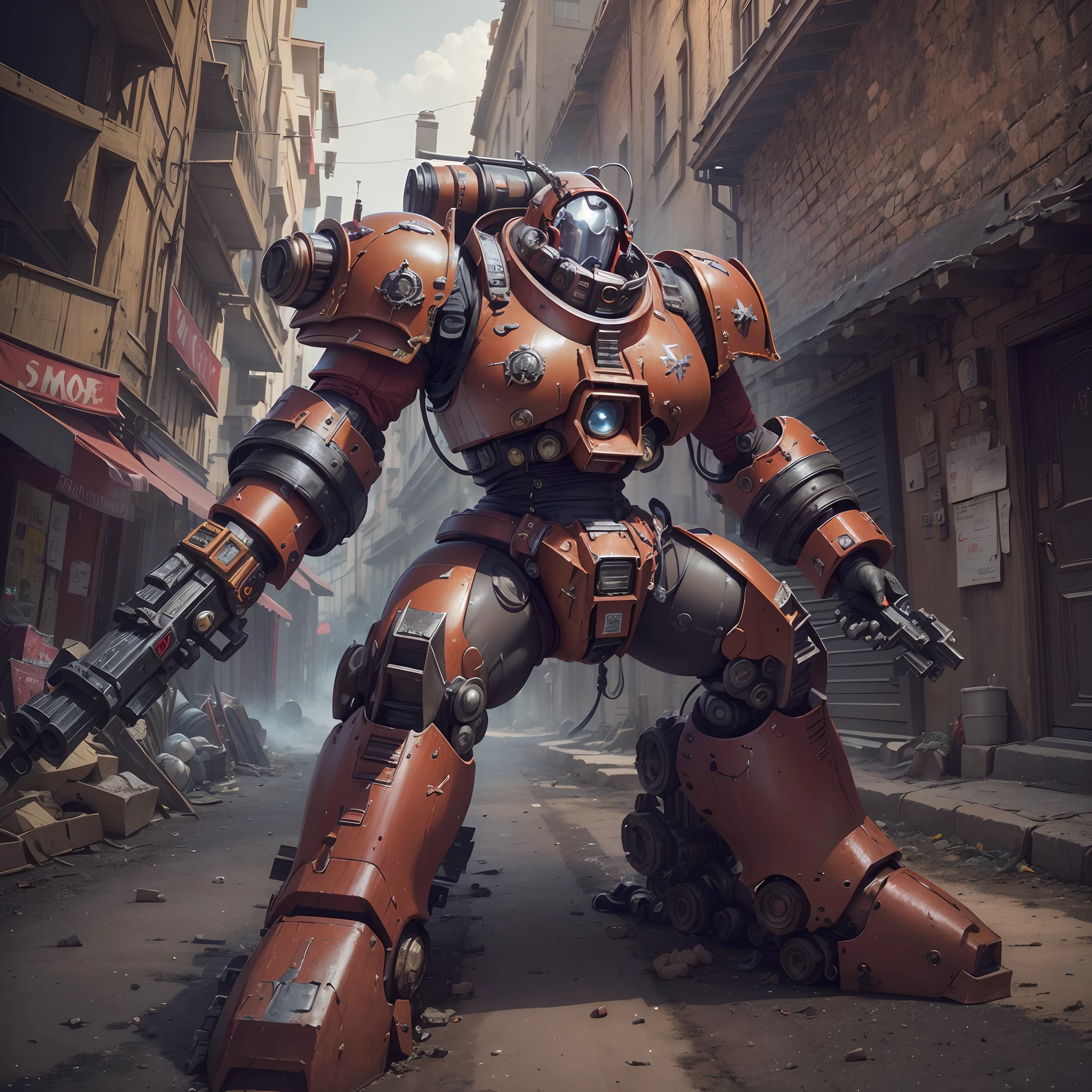 (The main subject: Wide-angle lens), salama，Singer Madonna as Marine Astartes, Show on the(humongous large breast)Colorful powered mech： red colour, (warhammer40k)，Realistic metal mech,which stands on the street.(Best quality,4K,8K,A high resolution,Masterpiece:1.2),(Realistic,Photorealistic,photo-realistic:1.37)