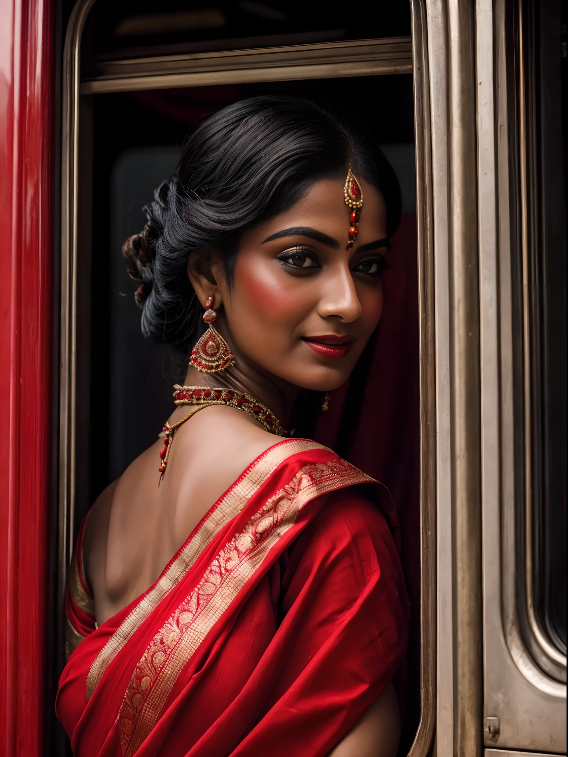 Indian train window，A woman in a red sari, Paint makeup，Red，trinkets，sitted，ssmile，Watching,35mm lens，Half-shot shot，Cinematic, Realistic photo, Very detailed，k hd，500px style，Works of masters