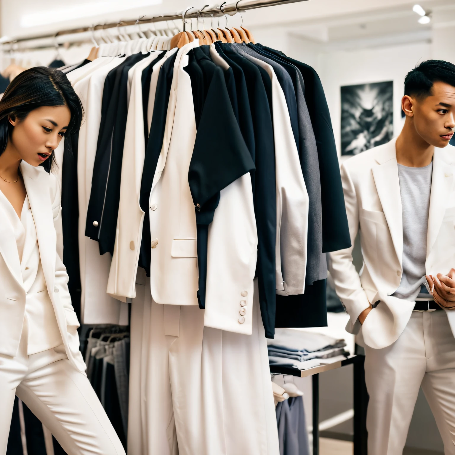 An Asian man in a white suit visits a clothing store