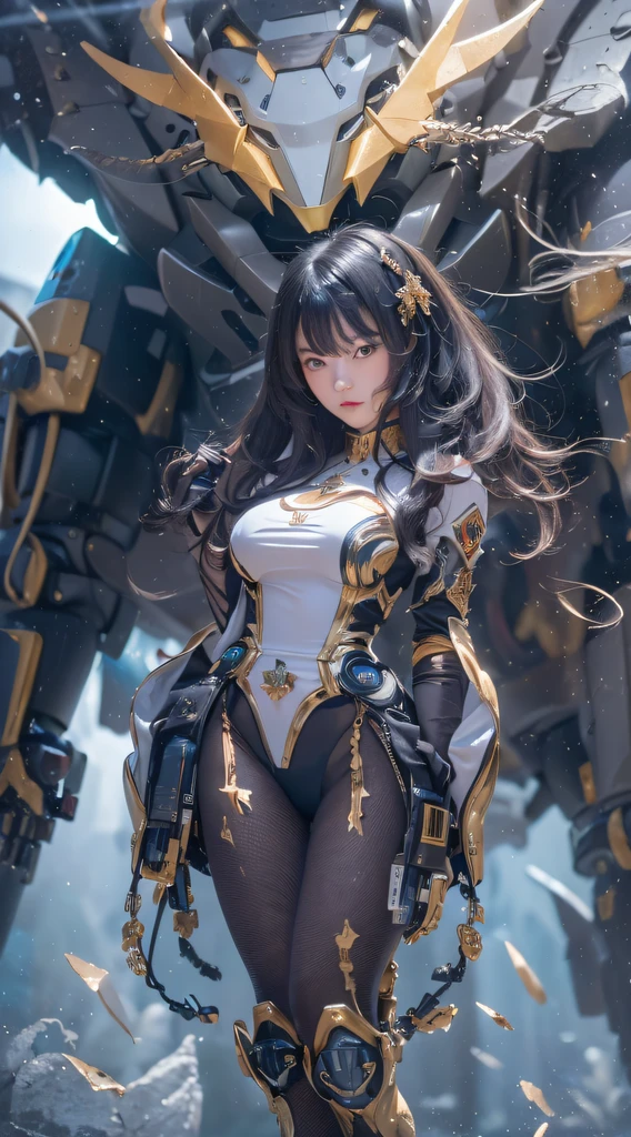 ((ultra real detailed.mecha-girl) (Masterpiece, Top quality, Best quality, offcial art, Beauty and aesthetics: 1.2), Very detailed, Colorful, Most detailed, branches,mecha-girl, (Mards)mecha-girl(canyons), (Linen Future Mecha Girl), Angry fighting stance, looking at the ground, Batik linen bandana, Crane pattern long sleeve garment,Mecha Maiden Canyon(Abstract propylene splash:1.2), Dark clouds lightning background,Sprinkle with gold mecha girl powder(realisticlying:1.4),Black color hair,Flour fluttering,rainbow background, A high resolution, the detail, RAW photogr, Sharp Re, Nikon D850 Film Stock Photo by Jefferies Lee 4 Kodak Portra 400 Camera F1.6 shots, Rich colors, ultra-realistic vivid textures, Dramatic lighting, Unreal Engine Art Station Trend, cinestir 800,Flowing black hair,(((mecha-girl)))