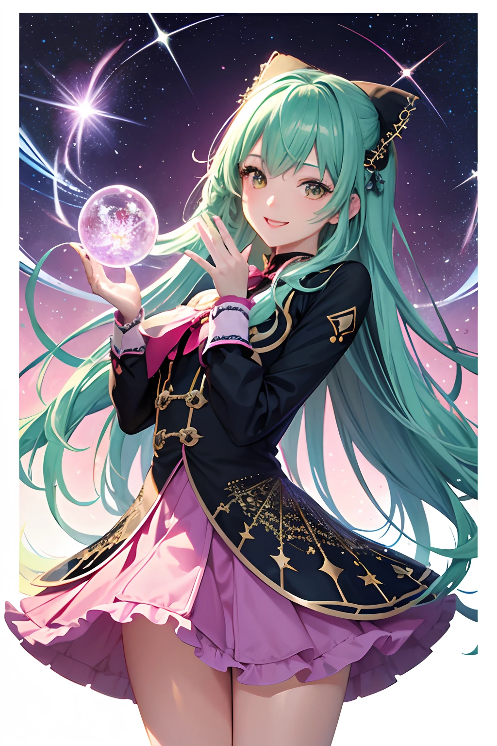broccoli、(masterpiece、top-quality、top-quality、art by、Beautifully Aesthetic:1.2)、(1girl in:1.3)、(Fractal Art:1.3)、Broccoli in both hands、Chest out, absurderes, superfine illustration,rainboweffect, Green Apatite Hair, The gesture of pulling up the hair, hight resolution, ultra-detailliert,Light diffusion,highly detailed light reflection, Kaleidoscope, Harmonious, Best Shadow, highly detailed very beautiful big smile face, ;D, beautiful growing crystal diamond star pupil,look at viewr, beautiful detailed hair, Dynamic Pose, beautiful detailed pink and black ribon, beautiful detailed High school uniform, Fantastic and sparkling throughout、Shooting stars and windy background detail background