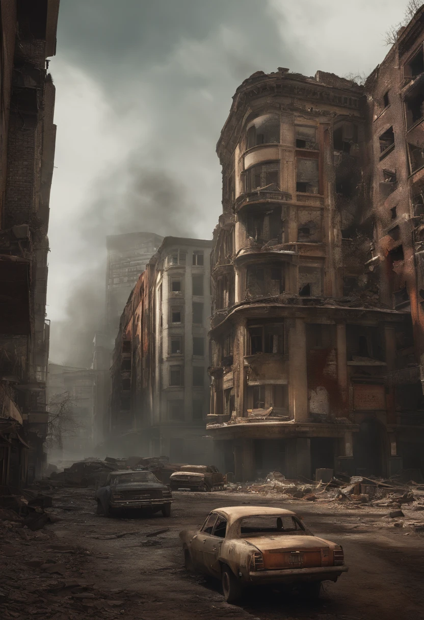 Post-apocalyptic city, vazia, dia, zombies, smoke, destruction, aging buildings, rubble, day, destroyed cars, crashed cars, abandoned buildings, zombies