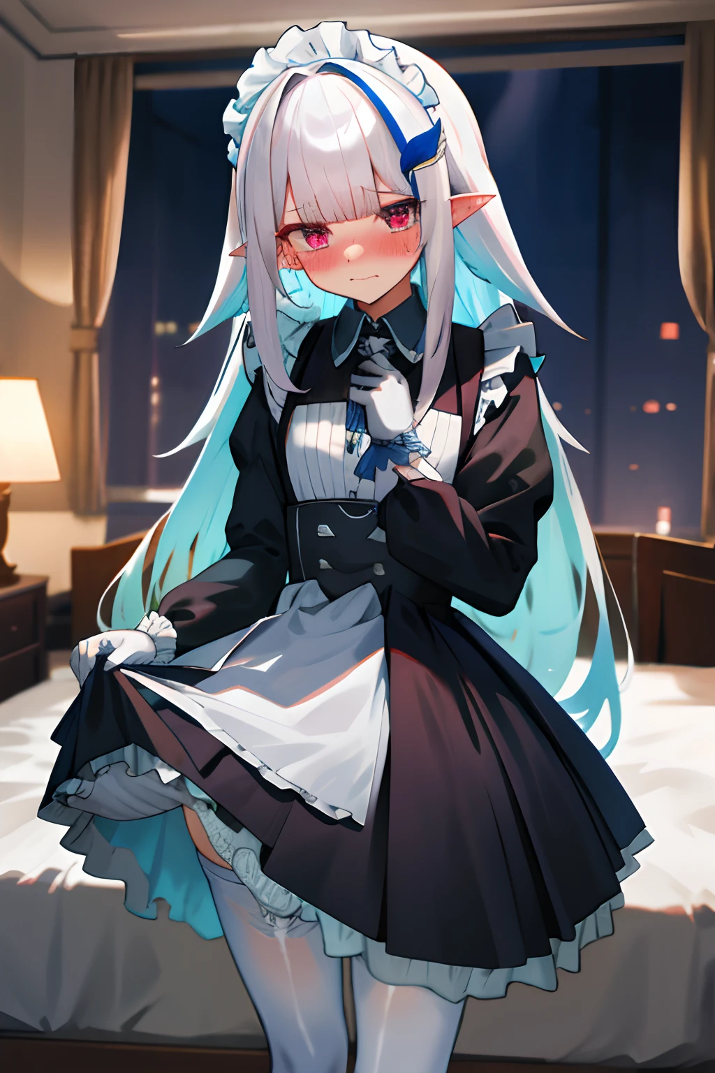 One girl with long hair, white hair, looking at viewer, embarrassed, blushing, tears, indoor , maid dress, black maid dress, maid apron, maid head accessories, puff long sleeves, mini skirt, thigh, pointy ears, perfect waist, bed, night atmosphere, hair ornament, standing, white pantyhose, skirt lift, white panties, panties, lace gloves, panties visible, (embarrassed:1.0)