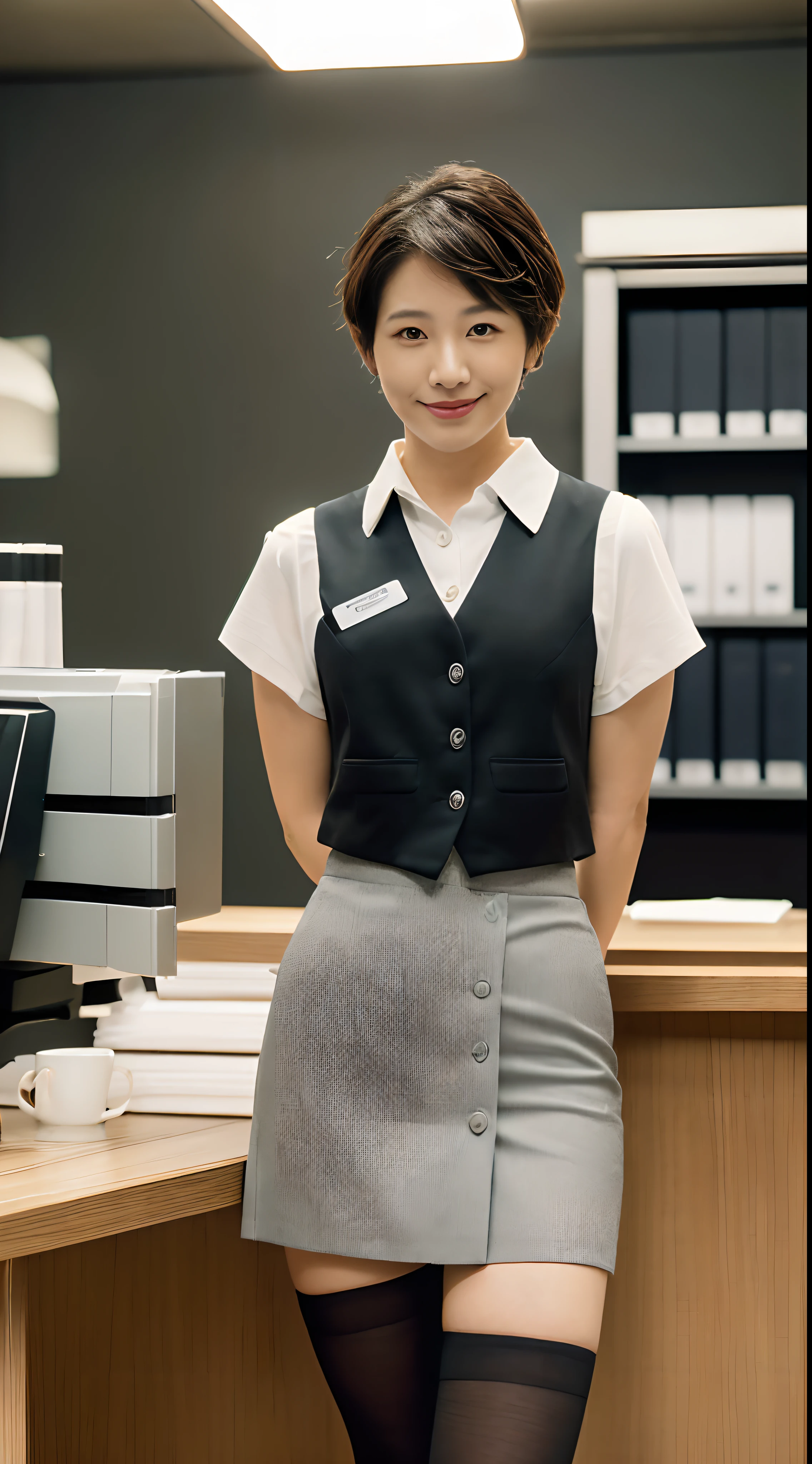 masutepiece, one beautiful women, ,(japanes), (Fantasy Library Background), (((White shirt))),(((Short stature)))(((Gray office suit tight skirt and gray office vest))), (),, (medium breasts), , ,(((Shorthair))(, , (Skin Texture:1.1), Best Quality, 超A high resolution, (Photorealistic: 1.4), Raw photo, , nikon d850 film stock photograph, F1.6 lens, Rich colors, Realistic, cinestill 800, Backlight, Rim lighting, Studio Lighting, ,((( A dark-haired))),(((full body Esbian))(((Facing the front)))(((mediocre figure))),(((Mediocre style)))(Black socks)smil,14age