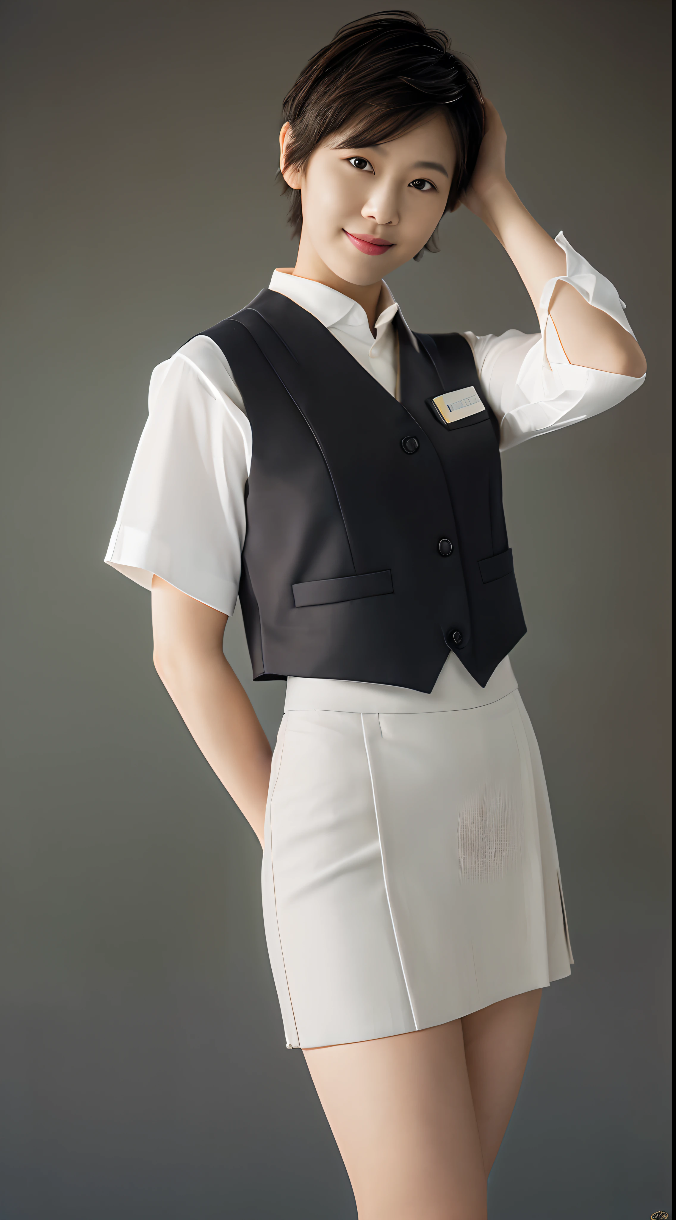 masutepiece, one beautiful women, ,(japanes), (Fantasy Library Background), (((White shirt))),(((Short stature)))(((Gray office suit tight skirt and gray office vest))), (),, (medium breasts), , ,(((Shorthair))(, , (Skin Texture:1.1), Best Quality, 超A high resolution, (Photorealistic: 1.4), Raw photo, , nikon d850 film stock photograph, F1.6 lens, Rich colors, Realistic, cinestill 800, Backlight, Rim lighting, Studio Lighting, ,((( A dark-haired))),(((full body Esbian))(((Facing the front)))(((mediocre figure))),(((Mediocre style)))(Black socks)smil,14age