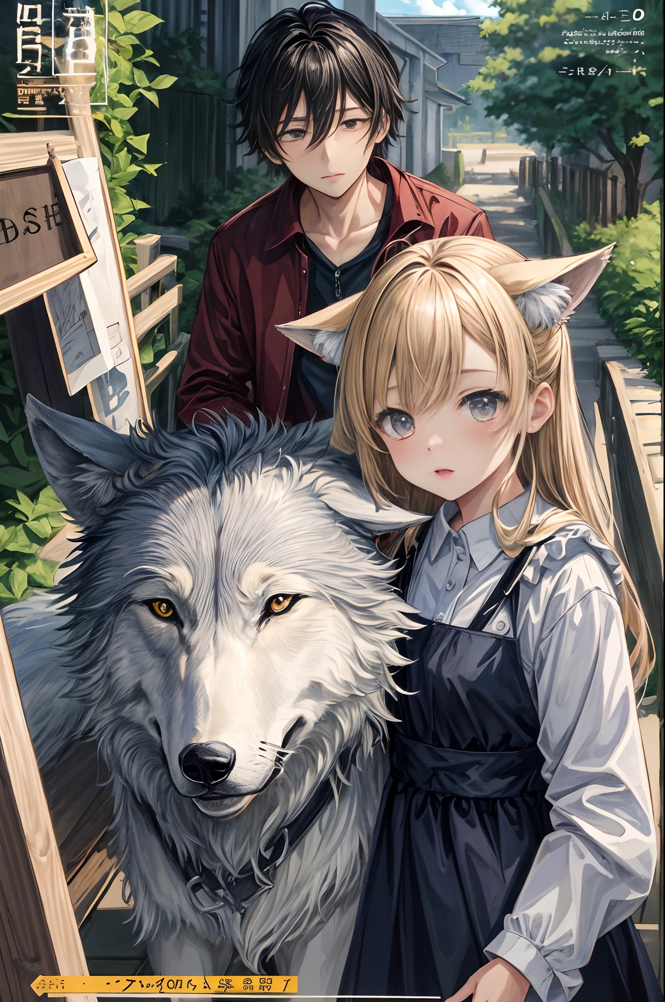 High-quality illustrations, doujinshi cover_page, doujinshi cover_Design, highres, absurdres, The story of the meeting of a girl and a wolf,
