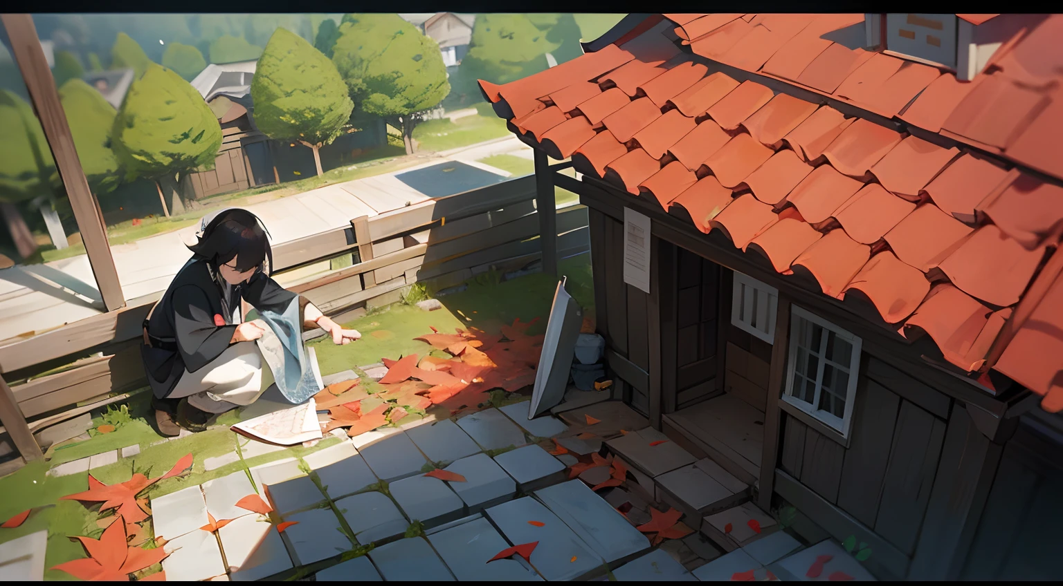 Libido boy,(mtu:1.2),Short black messy hair,Knife in hand,Squat on the red roof,Dilapidated house,Yard full of fallen leaves,Masterpiece,Best quality,超细节的,Broad perspectives,comic strip,photorealestic,illustration,Renderer,illustration,Matsuki,Depth of field 2.0
