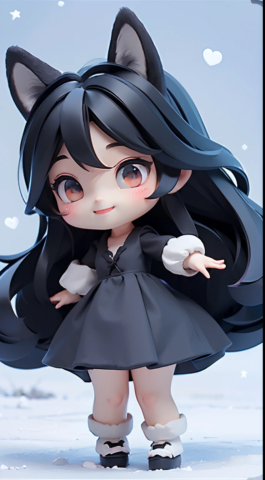 (Best Quality,4K,High resolution), Little pretty girl、((Wolf ears、Wearing a black dress、Disheveled black hair、))、Full body projection、Smile big、Chibi、Beautiful red eyes、Comical depiction、kawaii illustration、busy、In the colorful fairytale forest、Chasing the Blue Bird