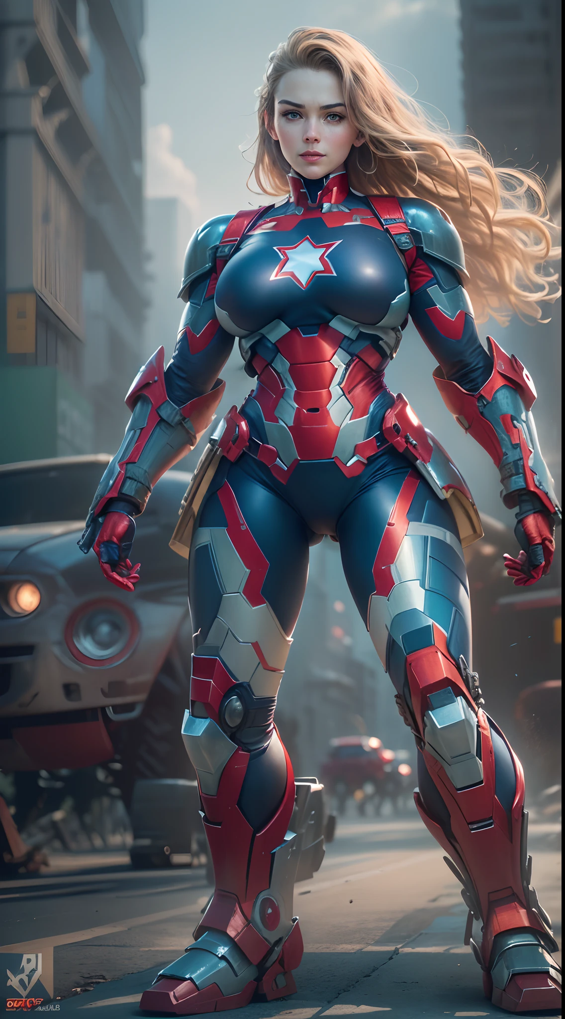 (The main subject: Wide-angle lens), Blue and red color scheme,Girl Captain America Iron Man(in a(humongous large breast)Anti-Hulk mech),long whitr hair,ssmile,Realistic metal armor,shiny metal armor, ((Best quality,4K,8K,A high resolution,Masterpiece:1.2),(Realistic,Photorealistic,photo-realistic:1.37)).