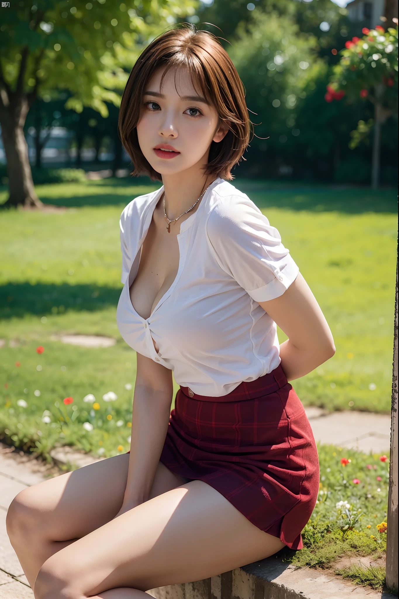 nsfw, 8K Raw photograph, best qualtiy, tmasterpiece, 超高分辨率, filmgrain, cinematic ligh,
1 girl sitting on the grass,looking at viewert,
Natural skin texture,Realistic Eyes and Face Details,full pouty lips,lipsticks,blusher\(putting makeup on\),Red Eyeshadow,Short fluffy hair,messy hair,ssmile,Keep one's mouth shut,beautifullegs,Tall women,being thin,slim_legs,独奏,
,,
posing on a,Hips facing you,
Superskirt,hindquarters,The shirt,
Beautiful natural location,Location of flowers around,plaid skirts,white shirt,
gigantic cleavage breasts,,show a little cleavage through the shirt,
slack off
Blurred background, bblurry, halter, tartan, short- sleeved, JK ribbon around the neck, JK ribbon,
brown hair, bangle, Eau, By bangs, 校服, jewely, parted lip, cparted lips, From the side Side, pleatedskirt,
depth of fields, brunette color hair,
view the viewer