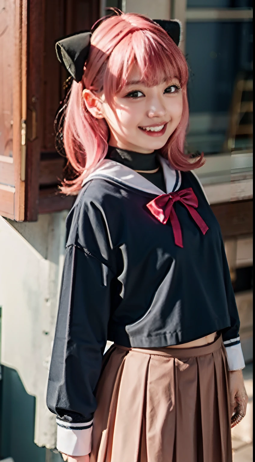 -yeld fie、Black triangular pyramid ornament on the head、Pink hair、realisitic、a sailor suit、Dark blue pleated skirt、red bowtie、Colossal tits、Cute smile、The cutest in the world、A sexy、outside of house、Realistic
