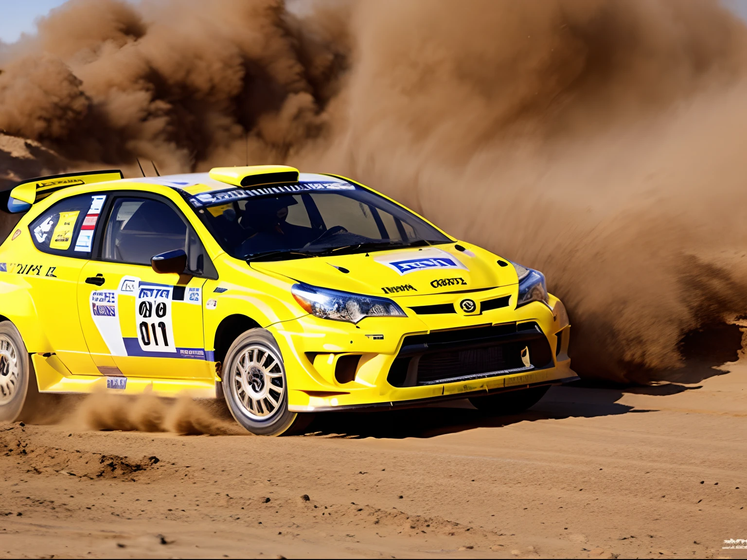 Yellow Toyota Corsa WRC blowing up the desert