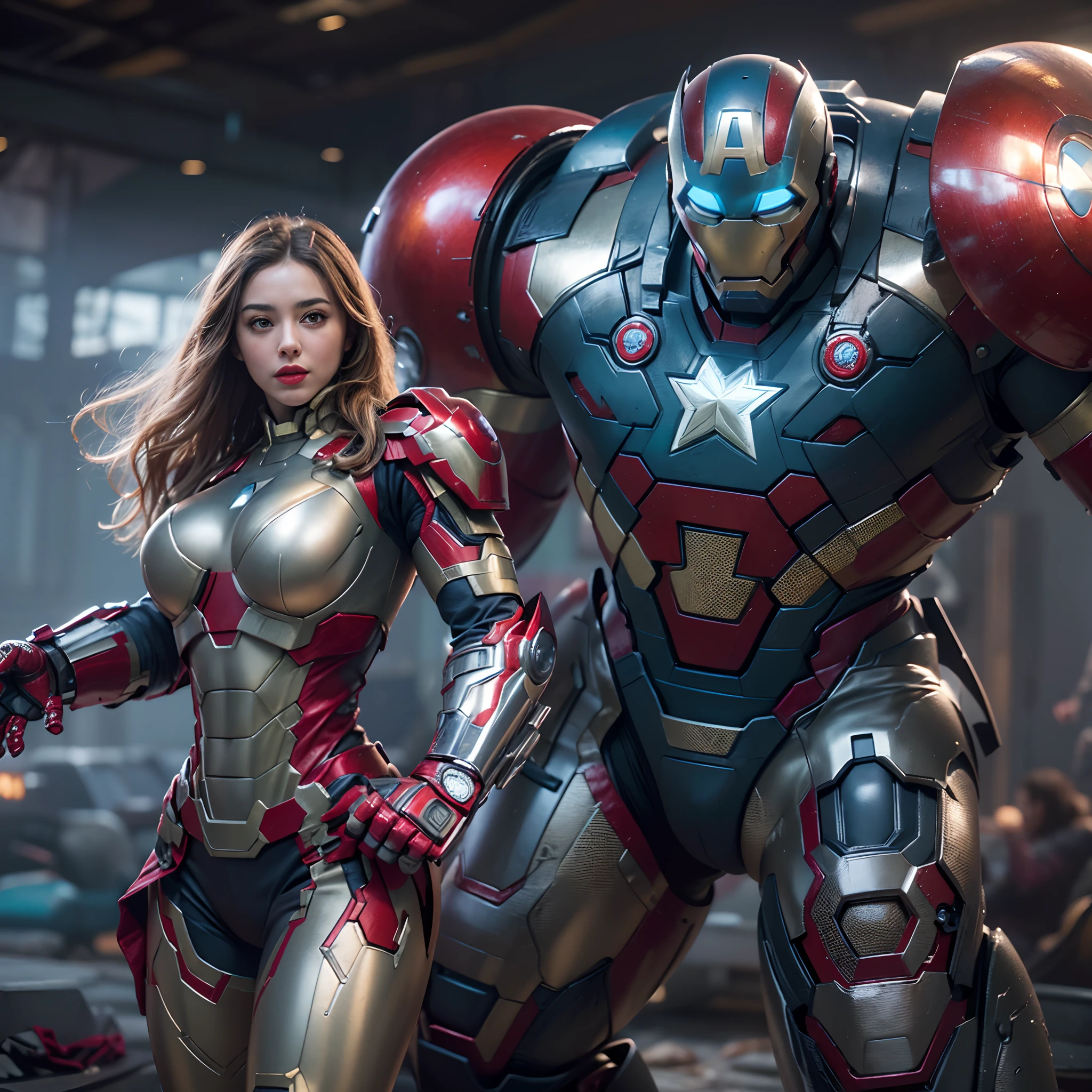 (The main subject: Wide-angle lens), Blue and red color scheme,Girl Captain America Iron Man(in a(humongous large breast)Anti-Hulk mech)，long whitr hair，ssmile,Realistic metal armor,shiny metal armor, ((Best quality,4K,8K,A high resolution,Masterpiece:1.2),(Realistic,Photorealistic,photo-realistic:1.37)).