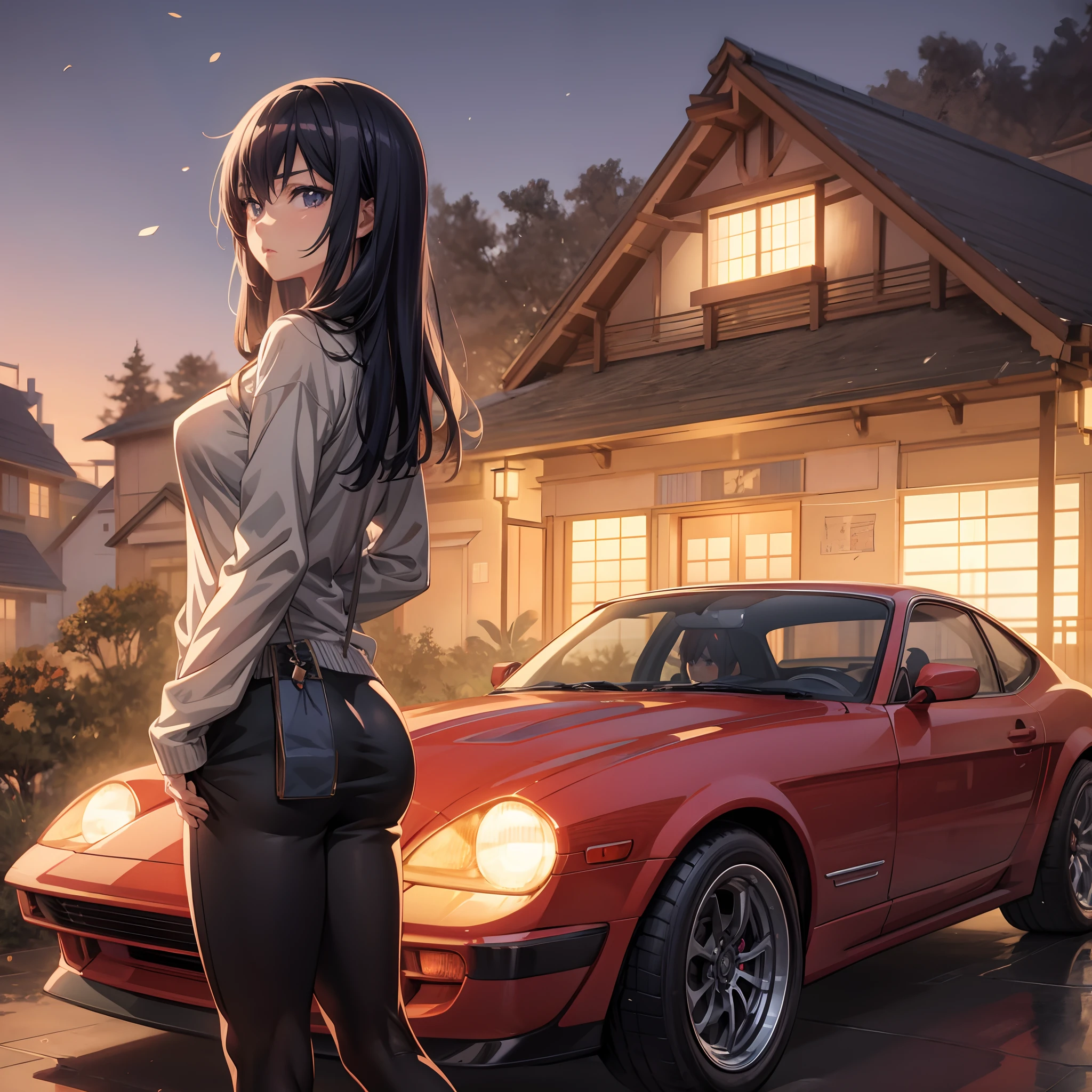 anime girl standing in front of a car in front of a house, anime style 4 k, 4k anime wallpaper, realistic anime artstyle, anime art wallpaper 8 k, anime style. 8k, high quality anime artstyle, badass anime 8 k, anime wallpaper 4k, anime wallpaper 4 k, anime art wallpaper 4 k, anime art wallpaper 4k