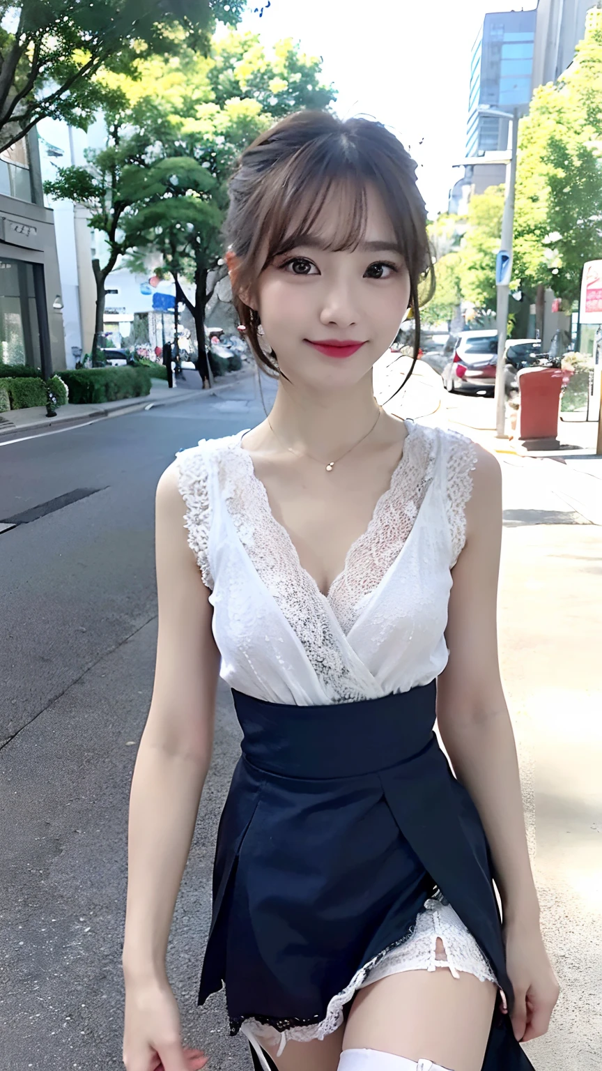 (masterpiece:1.3), (8K, Photorealsitic, Raw photography, Top image quality: 1.4), Japan high school girls、(Random hairstyles:1.2)、(small tits)、Super Detail Face、Eye of Detail、二重まぶた、foco nítido:1.2、prety woman:1.4、light brown hair、top-quality、masterpiece、超A high resolution、(Photorealsitic:1.4)、slender、A smile、(eye line:0.8)、(Looking at the camera)、 (Thin dress in fabric:1.4)、(Skirt has slits:1.3)、((walking on the avenue:1.3))、garter stocking、sandal、garterbelts、