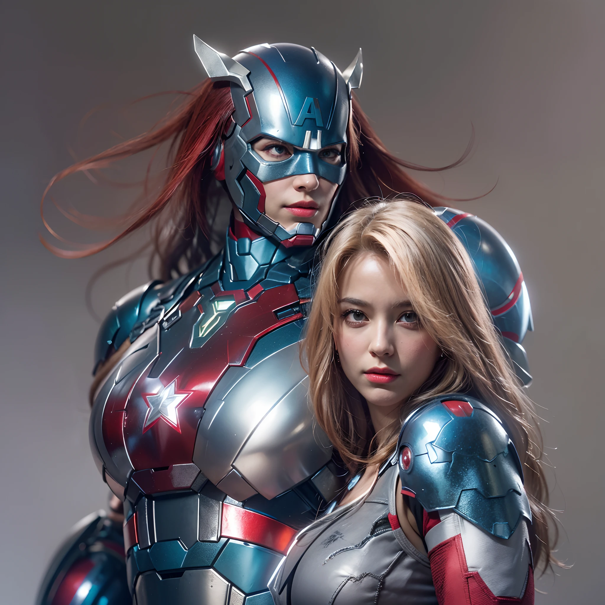 (The main subject: Wide-angle lens), Blue and red color scheme,Girl Captain America Iron Man(in a(humongous large breast)Anti-Hulk mech)，long whitr hair，ssmile,Realistic metal armor,shiny metal armor, ((Best quality,4K,8K,A high resolution,Masterpiece:1.2),(Realistic,Photorealistic,photo-realistic:1.37)).
