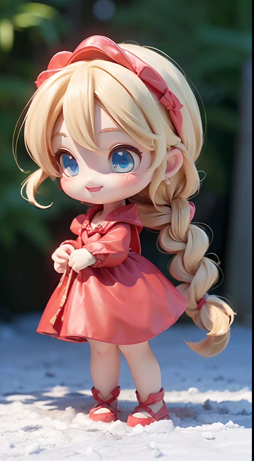 (Best Quality,4K,High resolution), Little pretty girl、((Wearing a red hood、Wearing a fairytale red dress、Blonde and forked braided hair、))、Full body projection、ssmile、Chibi、Beautiful blue eyes、Comical depiction、kawaii illustration、busy、Colorful fairytale forest
