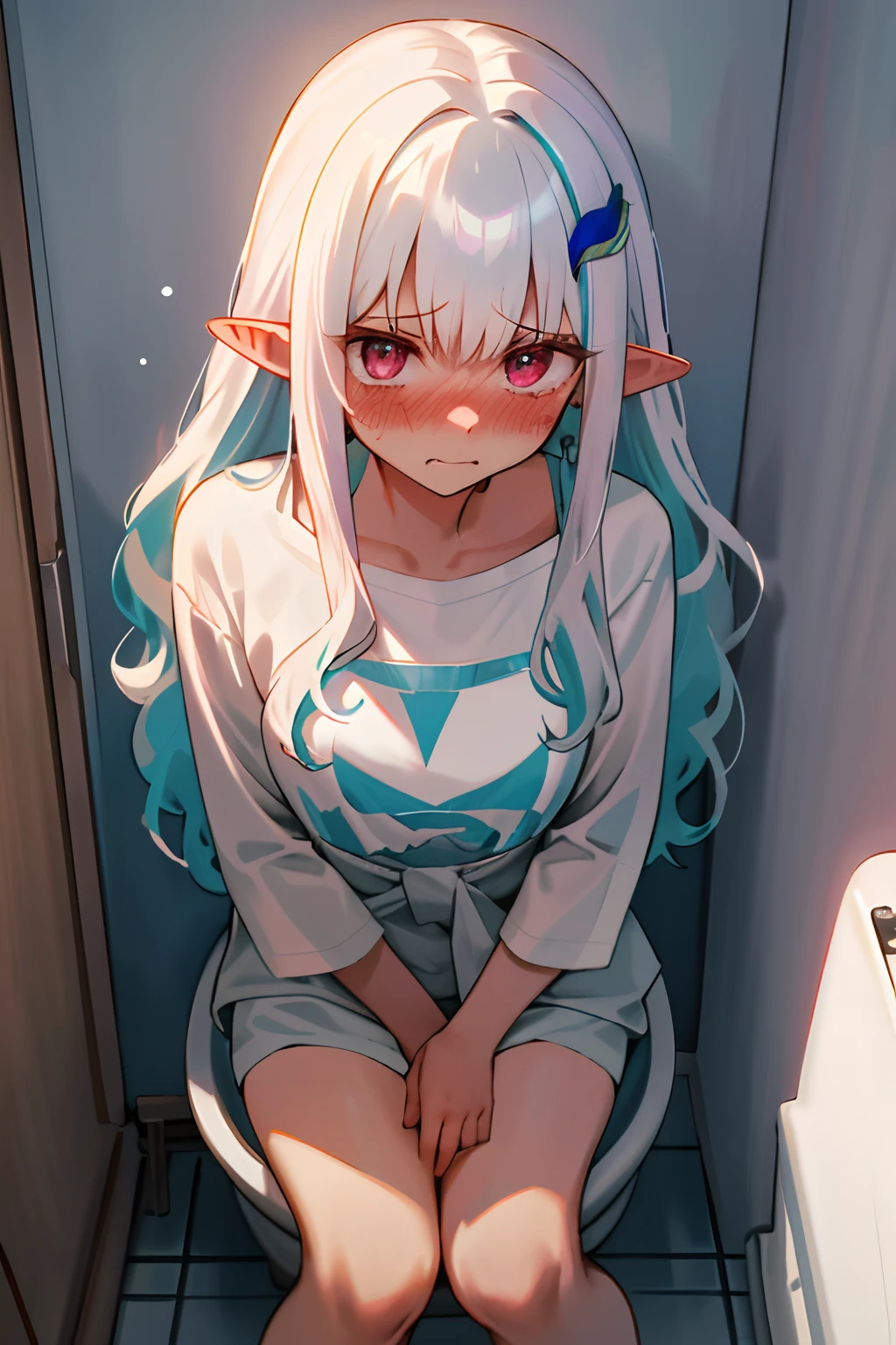 One girl with long wavy hair, white hair, looking at viewer, indoor , oversized naked t shirts, pointy ears, perfect waist, sitting, sitting on toilet, wc, pooping, caught in toilet, hand on crotch, embarrassed expression, blush, tears, opened mouth, (embarrassed:1.2), looking at viewer, hair ornament