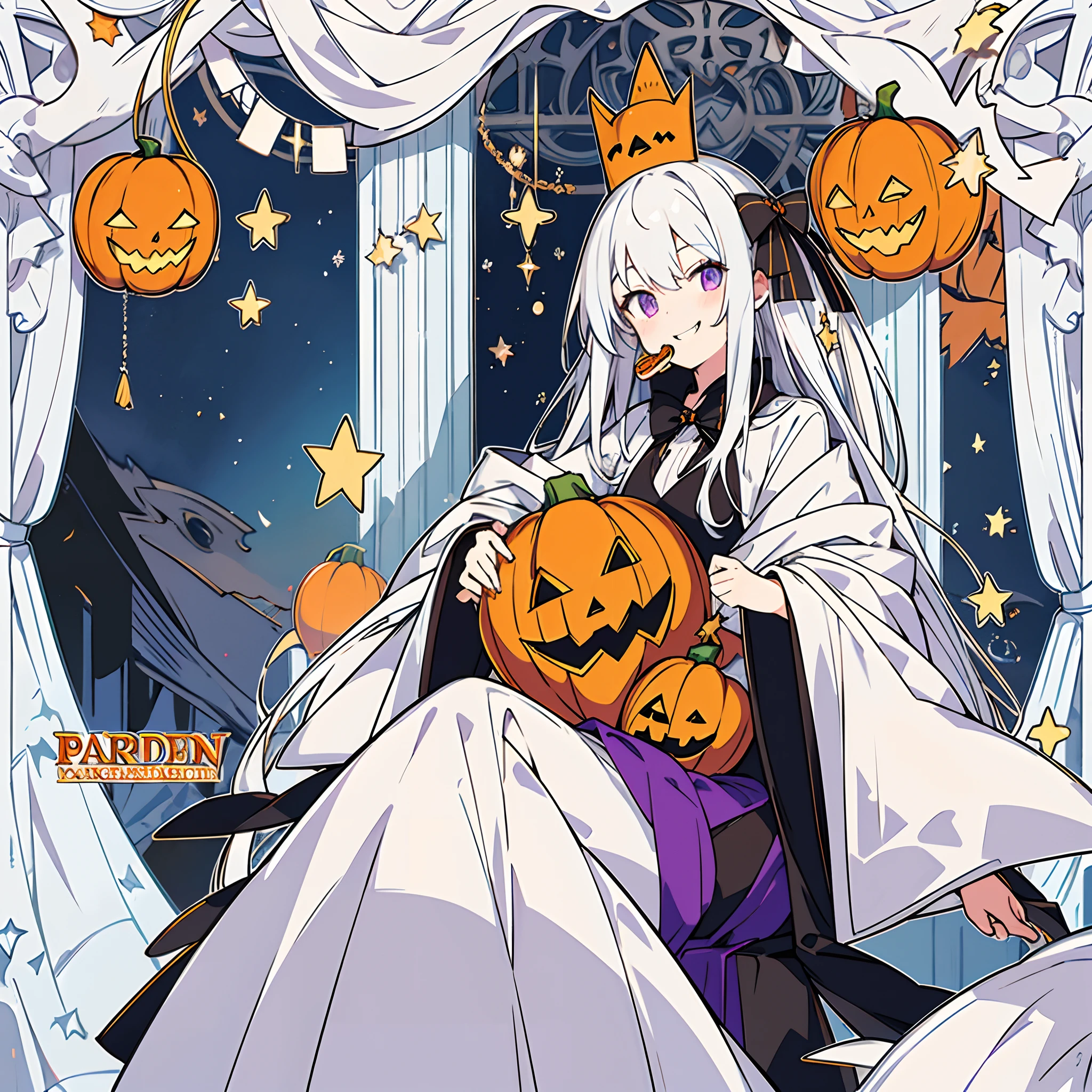 A maiden sitting on a rooftop under the stars，white color hair，There are star pupils in purple eyes，Wear a hat with a pumpkin head and a wizard hat with a star on the tip，Holding a pumpkin head filled with candy in his hand，Smile，with her mouth open，Show cute fangs