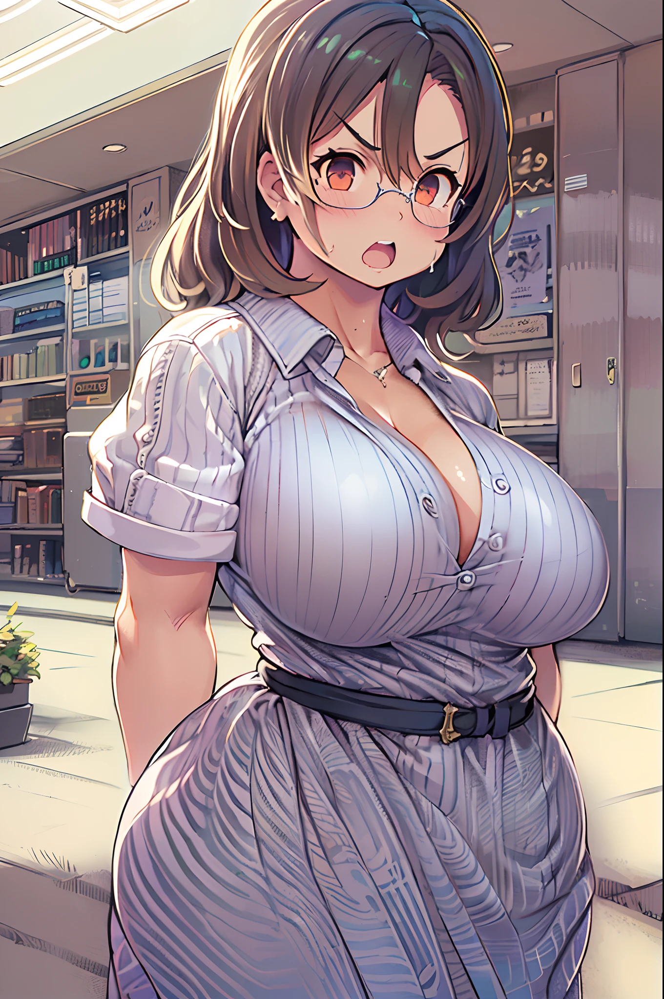 masutepiece, excellent, (Office: 1.8), Ultra-high-definition CG rendering, Standing, 1 Royal Sister, angry, Woman with short tanned hair, layered dress, Hands folded at the waist, Illustration, Wide-angle panorama,bbw、huge-breasted、