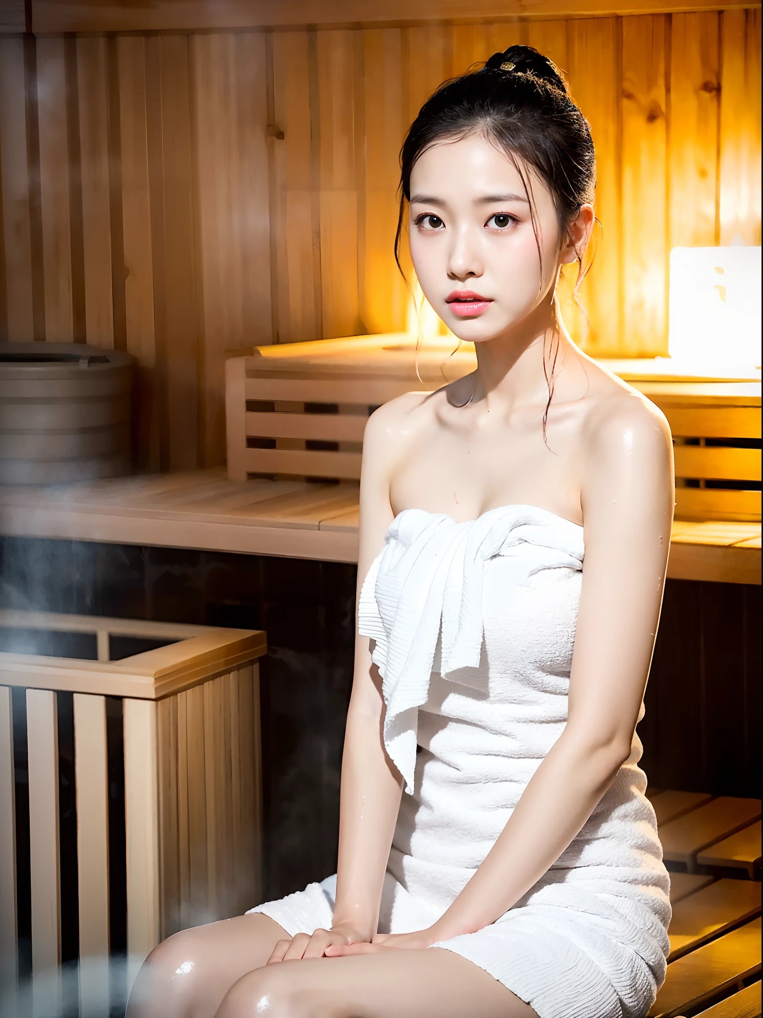 ((Armpit Pose、Armpit、Bath towel on naked、Photograph the whole body、Naked with only a towel、Sweaty glowing skin、Detailed armpit wrinkles、13years、Towel naked、gazing at viewer、A slight smil、Beautiful high-definition skin texture))、(A hyper-realistic), (illustratio), (high-detail), (8K), (high-detail), (The best illustrations), (beatiful detailed eyes), (top-quality), (ultra-detailliert), (Master masterpiece), (wall-paper), (详细的脸),full of sweat,full body closeup,hairarmpits,high-ponytail Hairstyle、red lipsticks、,White towel、one girls, ((In the sauna、The valley is coming out、Sweaty stand))、japanes,