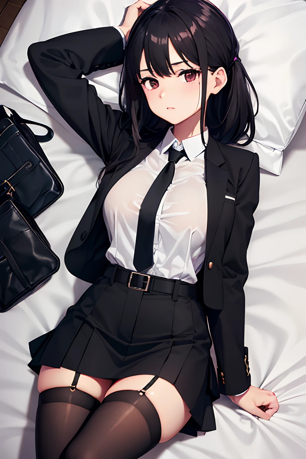 Suit,Collared shirt,Belt bag,Suspenders Black Miniskirt garterbelts knee high Stockings Black Niso Colorcon armpit sweat perspiring Side of both hands,Black jacket,Gaze,ample bosom,Armpit sweat,Exposing the armpits"Tight clothes、Cuffed、wristbands Lying in bed