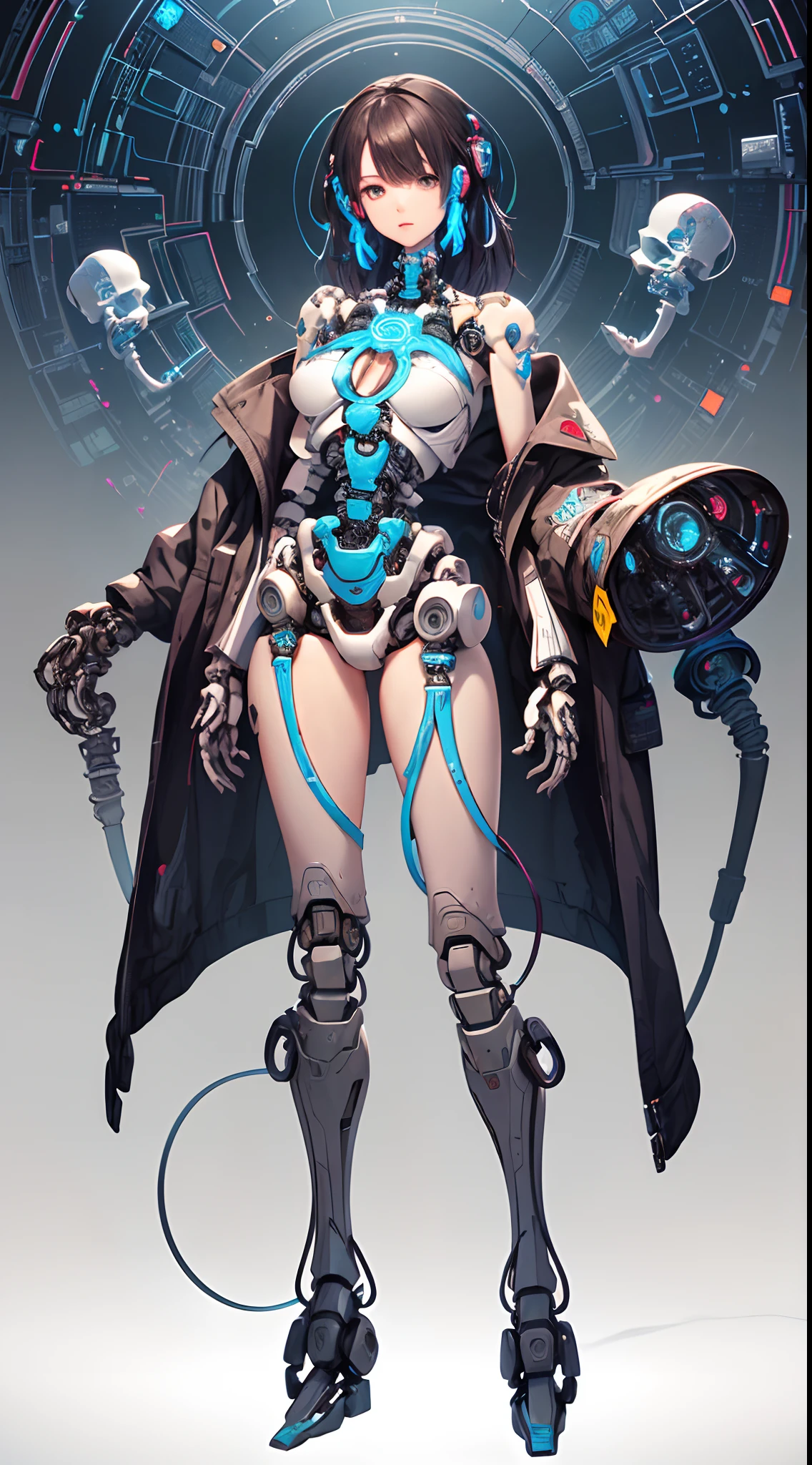 (Girl,Artificial intelligence mech,Irregular geometric bones throughout the body,Semi-mechanical and semi-plant organisms,Full body overlook:1.55),Light novel cover illustration style,Illustration design:Alphonse Mucha,The perfect form of Michelangelo's sculpture,Realistic rendering of retina proportions,Photorealistic rendering,The macroscopic microbial Big Bang,grow,spread,Deformed evolution,Body painting of a full body mystery symbol,Girl with war rune Chinese calligraphy vector information magic array,Accompanied by a perfect dome of the sky, Quantum projection of quantum states of various weapons,