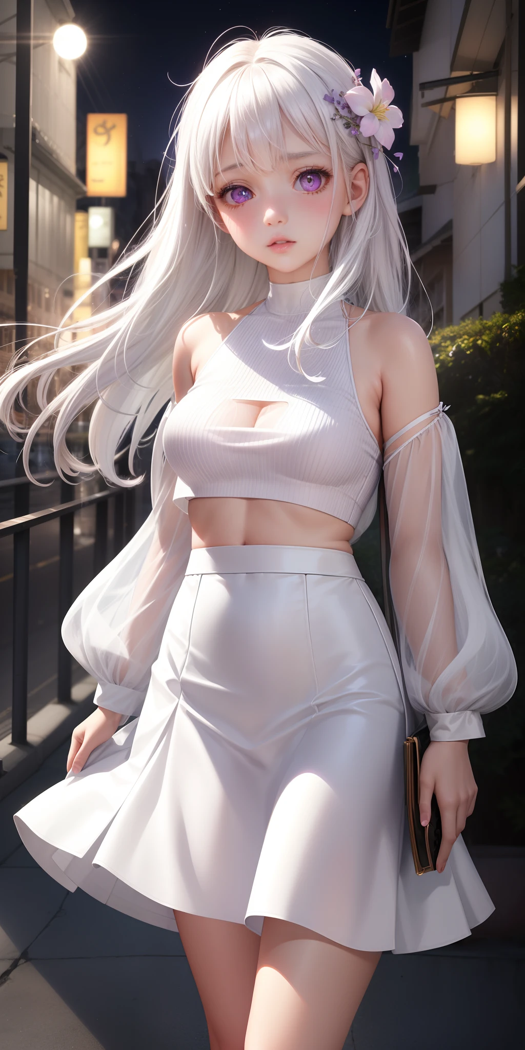 Realistic, 1girl, white hair, purple eyes, glowing eyes, cropped top, skirt, parted lips, blush, night, flowers, sun, sunlight, white skirt, short skirt, medium length hair, real, warm colors, white short Dress, white clothes, light background color, day environment, bright color background, saudi, ocean, cute,
