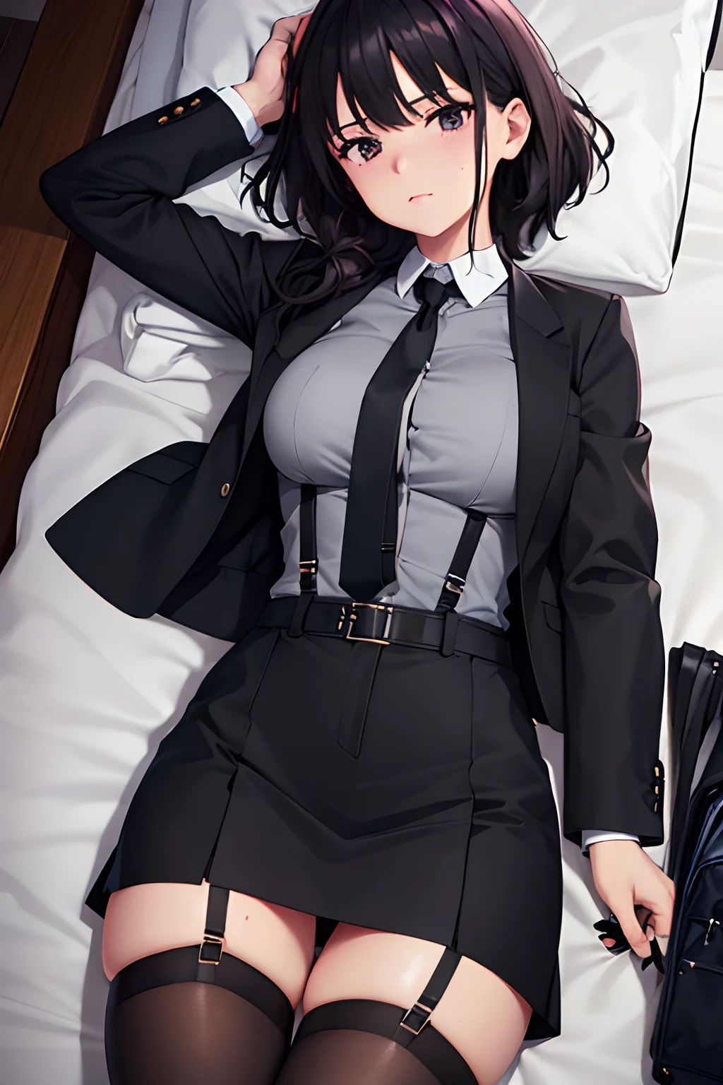Suit,Collared shirt,Belt bag,Suspenders Black Miniskirt　garterbelts　knee high　Stockings　Black Niso　Colorcon armpit sweat　perspiring　Side of both hands,Black jacket,Gaze,ample bosom,Armpit sweat,Exposing the armpits"Tight clothes、Cuffed、wristbands　Lying in bed