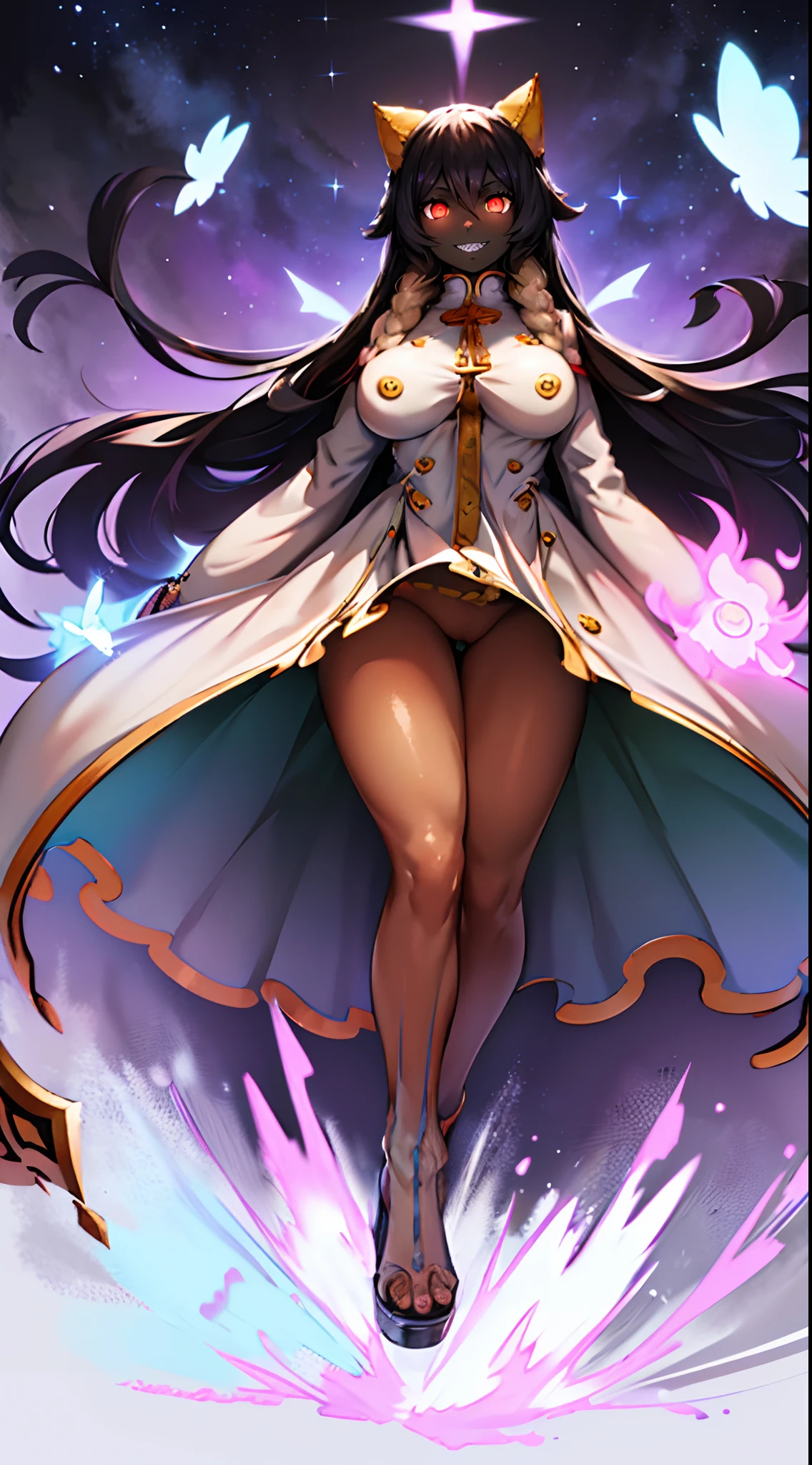 taokaka,,huge breast, , female,fantasy goddess,there is a cartoon picture of a woman with a very large breast, glowing angelic being, glowing holy aura, inspired by Luma Rouge, the non-binary deity of spring, ethereal rainbow nimbus, the butterfly goddess of fire, inspired by Marie Angel, glowing aura around her, astral fairy, as the goddess of the sun, “uwu the prismatic person, big breast, happy, beautiful eyes, , full body, walking, long robe, long dre, catgirlss,, priestess ,holy, smile, long dress, brown hair, female,red eyes, black robe with stars symbolism, full body, flipflops,(best quality,4k,8k,highres,masterpiece:1.2),ultra-detailed,(:1.37),black robe with blue stars simbolism, girl with queen crown,beautiful detailed eyes,beautiful detailed lips,extremely detailed eyes and face,longeyelashes,golden crown adorned with diamonds,glowing blue stars on the robe,glittering pearls entwined in hair,royal purple backdrop,sparkling tiara,rich textures and fabrics,regal posture,confident expression,majestic aura,ethereal lighting,hauntingly beautiful atmosphere,elegant and magical,enchanted garden in the background,floating golden particles,subtle reflections on the crown,sublime tranquility,depth and mystery,sophisticated and regal,impeccable attention to detail,captivating and enchanting,ethereal and divine,fantasy-inspired artwork,dreamlike and surreal,celestial beauty and elegance,dark and mysterious,royal and majestic vibes,meticulous craftsmanship,vivid colors,whimsical and otherworldly., pants,sharpteeth ,black hair, cat ears, full body, smile, darkskinned-female, black hair, pants, caucasiene facial features, dark hair