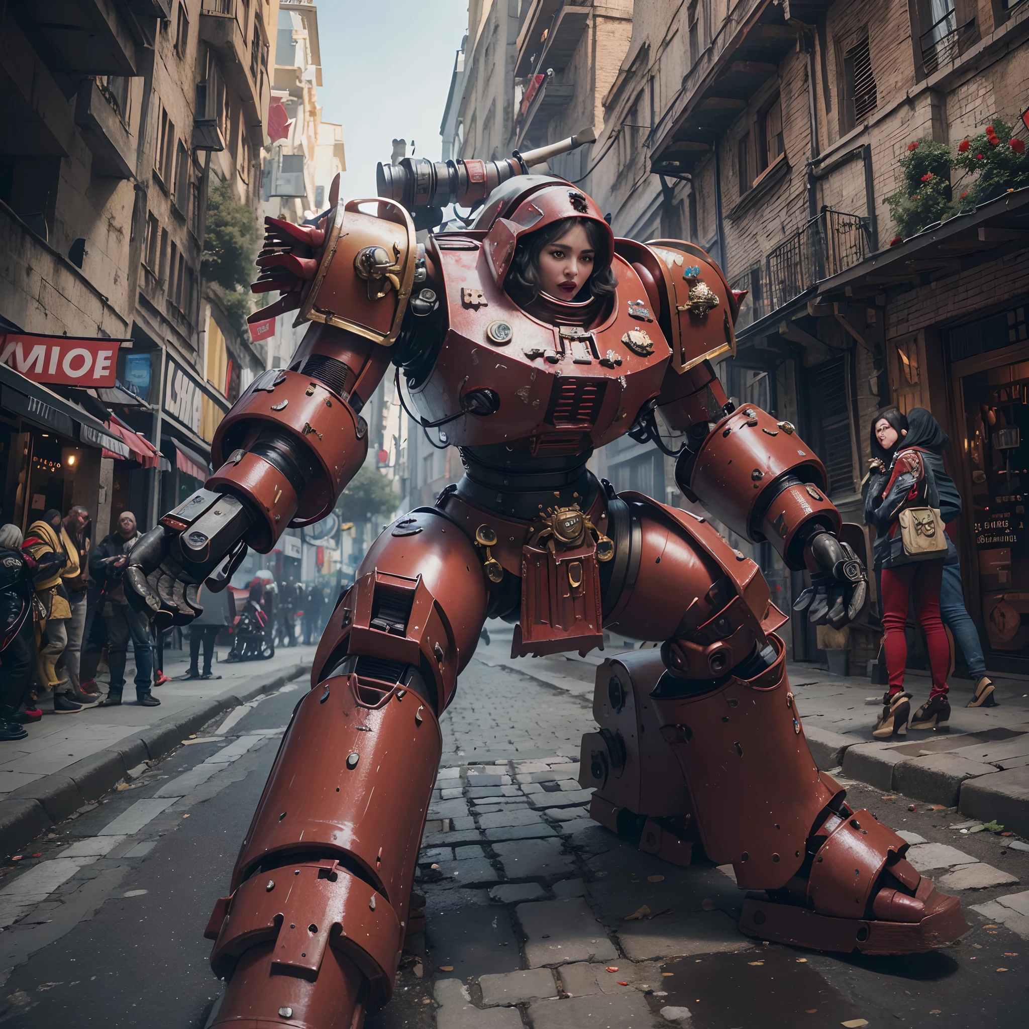 (The main subject: Wide-angle lens), salama,Singer Madonna as Marine Astartes, Show on the(humongous large breast)Colorful powered mech: red colour, (warhammer40k),Realistic metal mech,which stands on the street.(Best quality,4K,8K,A high resolution,Masterpiece:1.2),(Realistic,Photorealistic,photo-realistic:1.37)