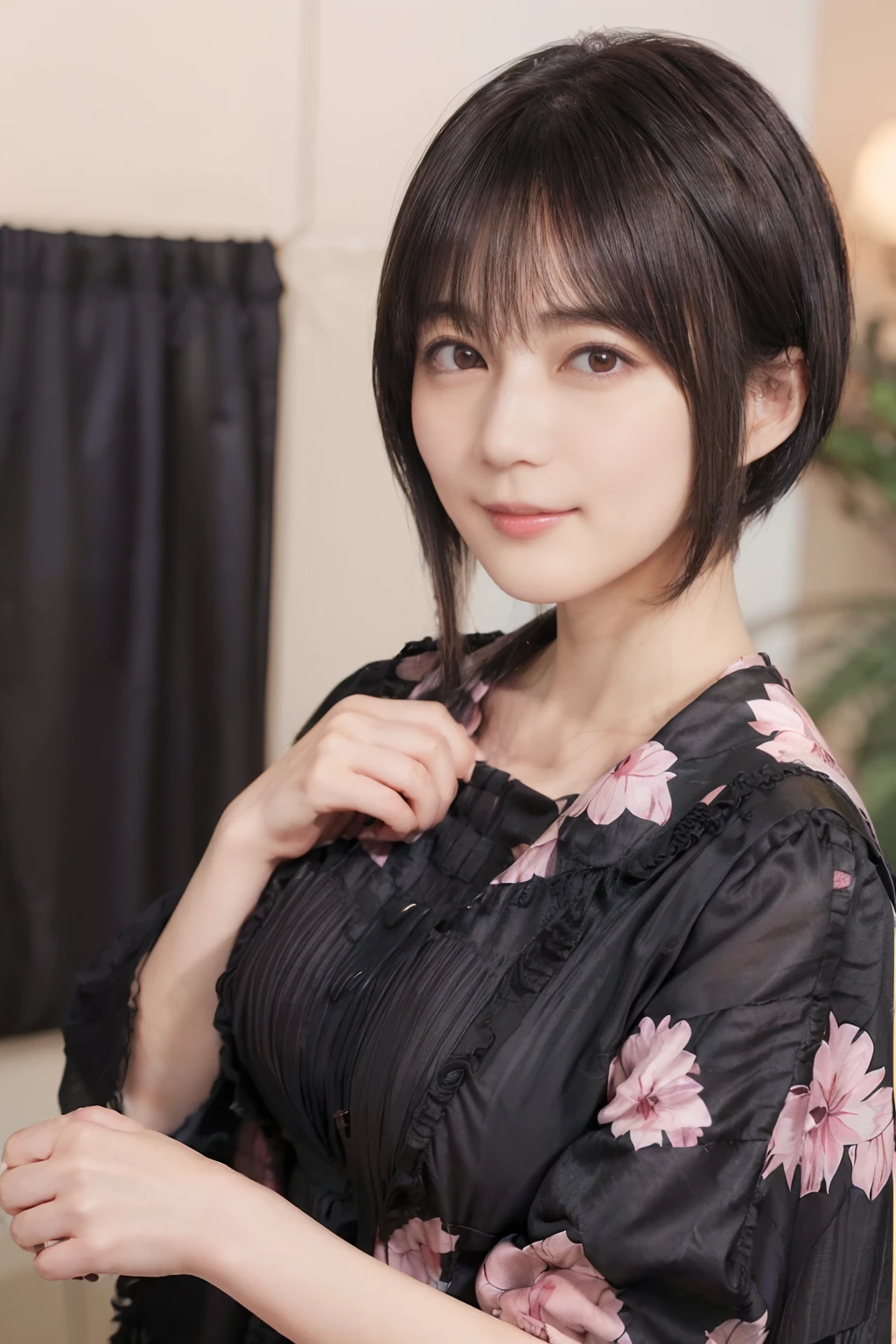 58
(a 20 yo woman), (A hyper-realistic), (masutepiece), ((A dark-haired、short-hair:1.3)), (Breast), kindly smile, (Clothes printed with anime characters)