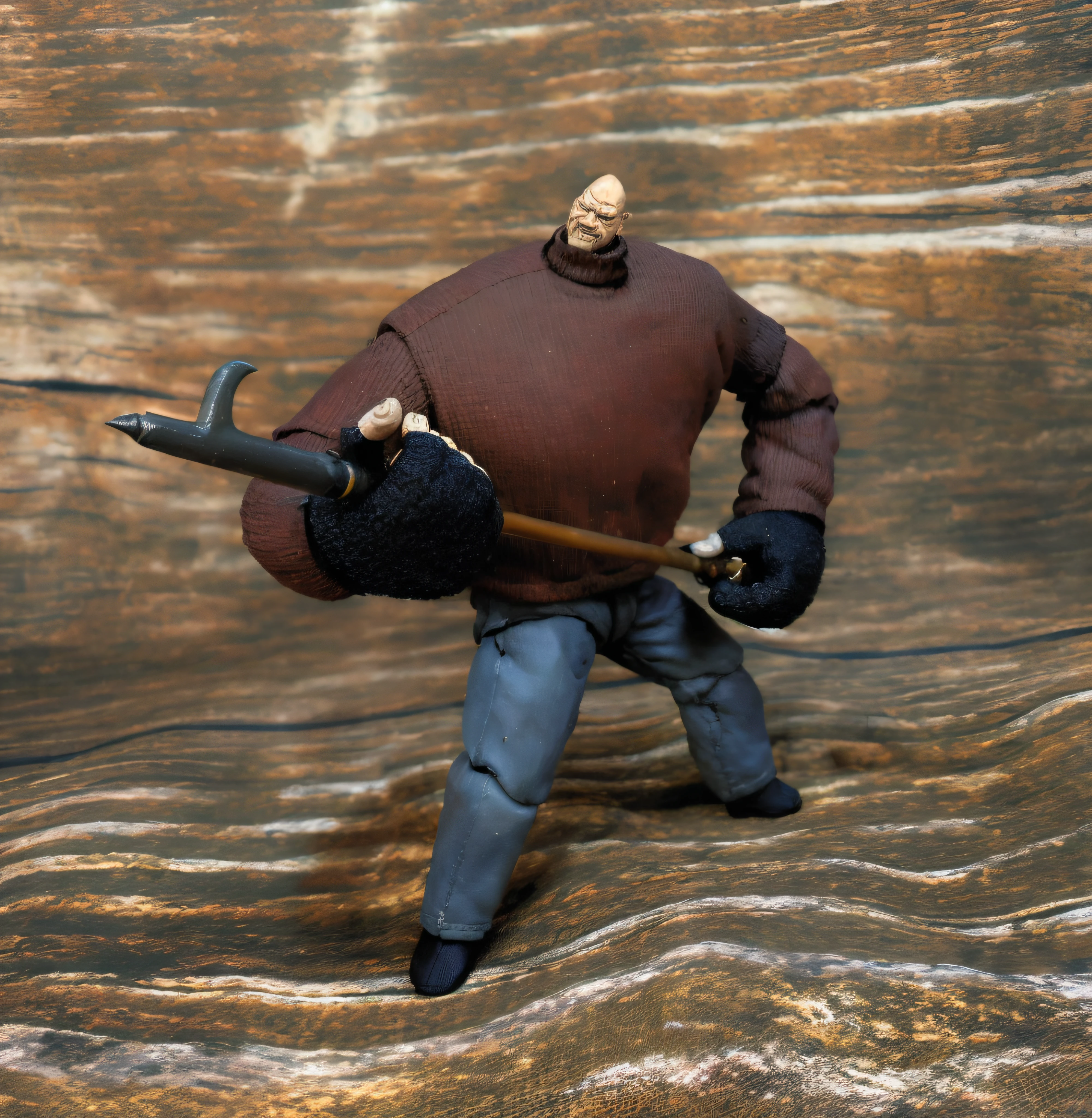 pinman, 3d \(artwork\), action figure, middle aged, full body view, from front position, 45 \(diagonal45angle\), standing tough, evil grin, holding gou lian spear, brown turtleneck ribbed sweater, blue fingerless gloves, jeans, blue footwear, fighting stance, ready to attack