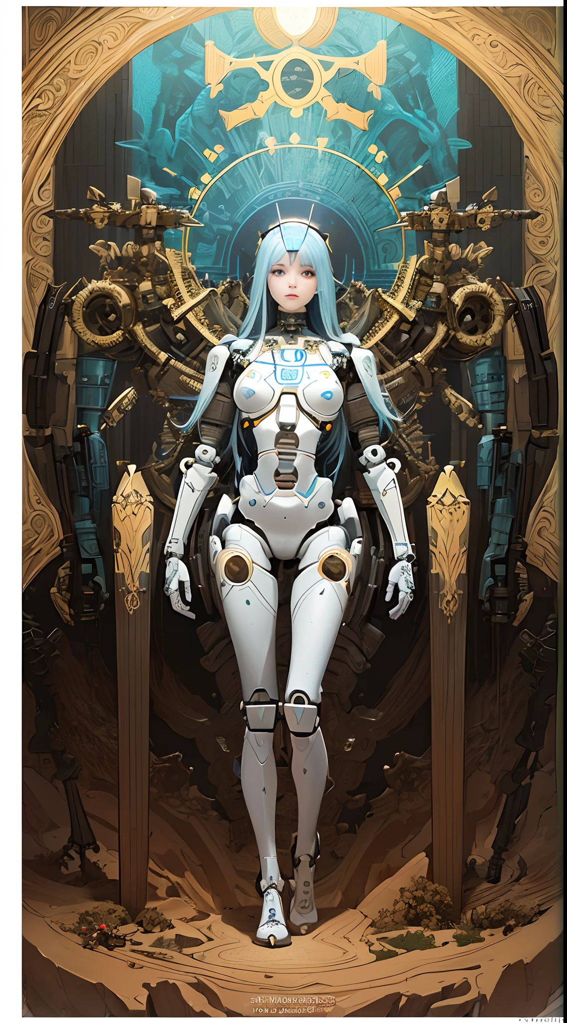 (Girl，Artificial intelligence mech，Irregular geometric bones throughout the body，Semi-mechanical and semi-plant organisms，Full body overlook:1.55)，Light novel cover illustration style，Illustration design：Alphonse Mucha，The perfect form of Michelangelo's sculpture，Realistic rendering of retina proportions，Photorealistic rendering，The macroscopic microbial Big Bang，grow，spread，Deformed evolution，Body painting of a full body mystery symbol，Girl with war rune Chinese calligraphy vector information magic array，Accompanied by a perfect dome of the sky, Quantum projection of quantum states of various weapons，