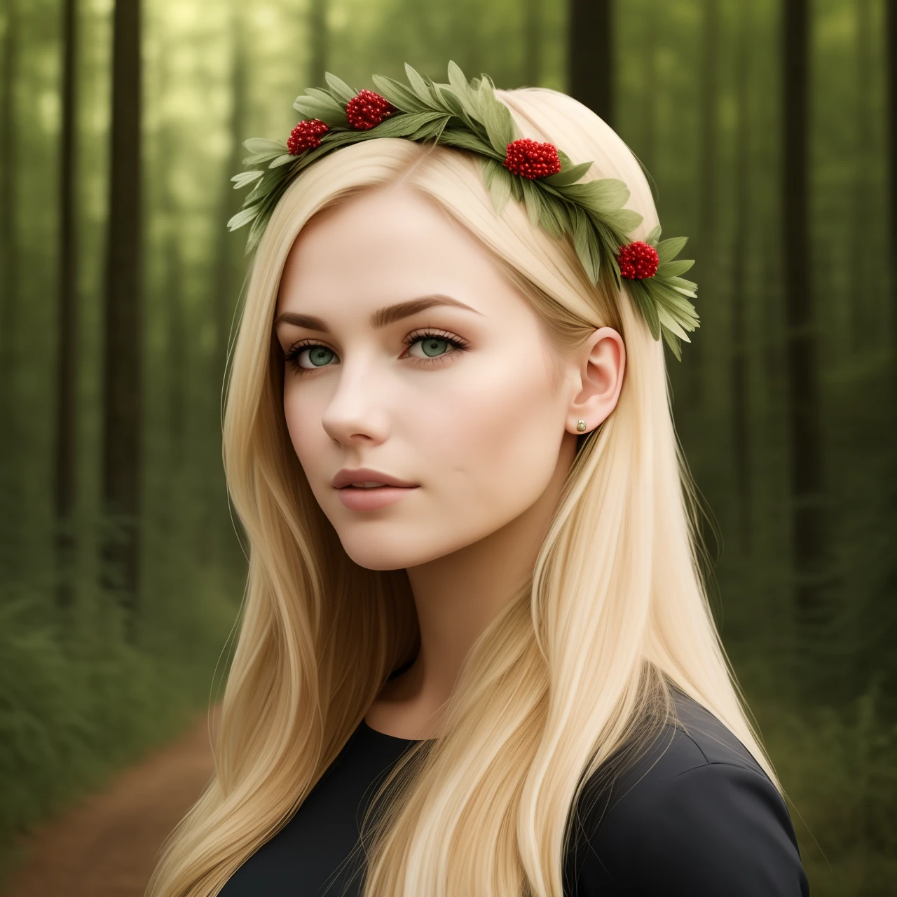 Realistic blonde woman in a forest with wreath on head