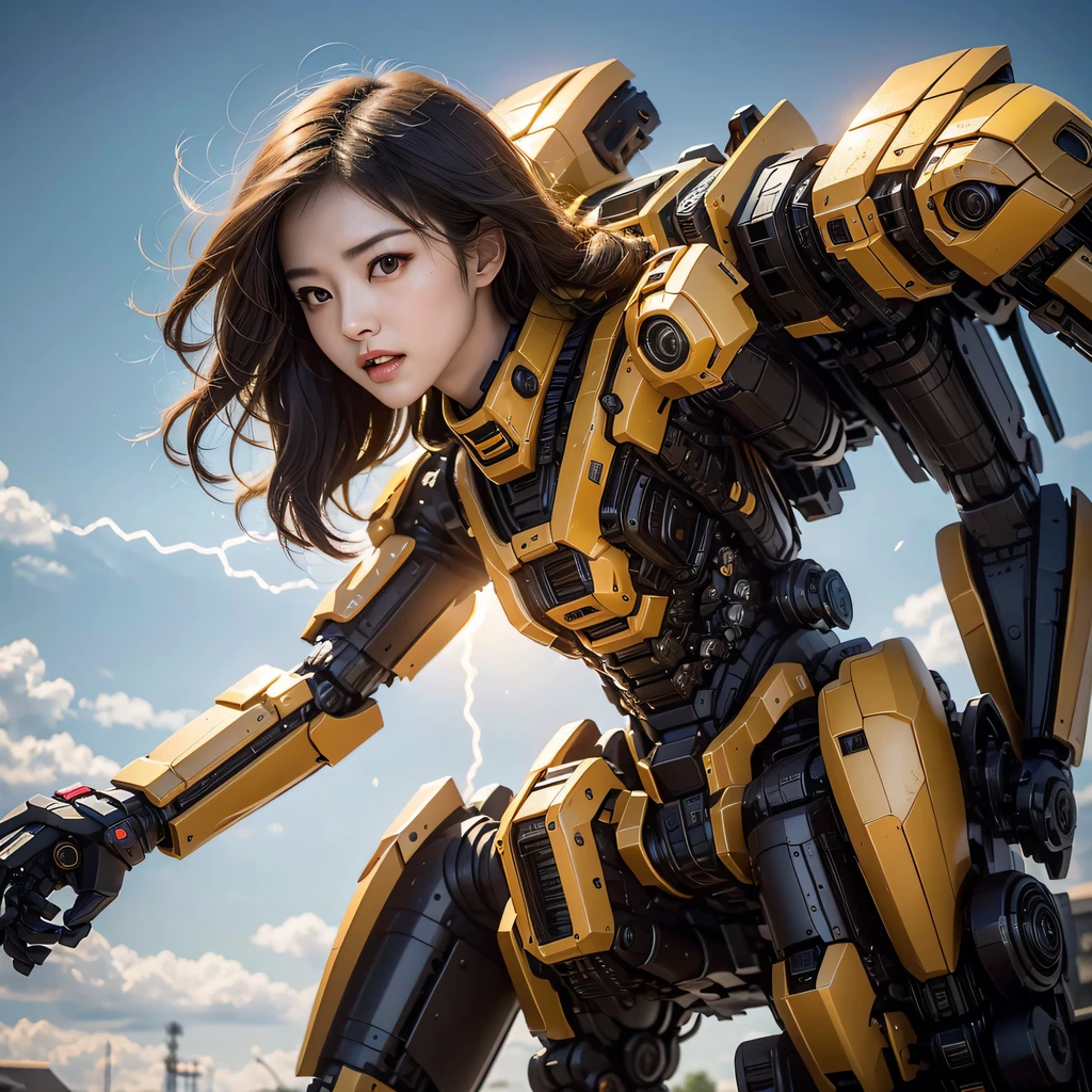 Bright orange mech((ultra real detailed.mecha-girl) (Masterpiece, Top quality, Best quality, offcial art, Beauty and aesthetics: 1.2), Very detailed, Colorful, Most detailed, branches,mecha-girl, (Mards)mecha-girl(canyons), (Linen Future Mecha Girl), Angry fighting stance, looking at the ground, Batik linen bandana, Crane pattern long sleeve garment,Mecha Maiden Canyon(Abstract propylene splash:1.2), Dark clouds lightning background,Sprinkle with golden mech girl powder(realisticlying:1.4),Black color hair,CG Giants,, Realistic secret manga girl rendering, detailed face of a asian girl, Reality in the secret world, Smooth CG art, Realistic. Cheng Yi, Realistic secret style, A lovely secret rendering, Rendu portrait 8k, Render character art 8 K, Kawaii realistic portrait,,Flour fluttering,rainbow background, A high resolution, the detail, RAW photogr, Sharp Re, Nikon D850 Film Stock Photo by Jefferies Lee 4 Kodak Portra 400 Camera F1.6 shots, Rich colors, ultra-realistic vivid textures, Dramatic lighting, Unreal Engine Art Station Trend, cinestir 800,Flowing black hair,(((mecha-girl)))