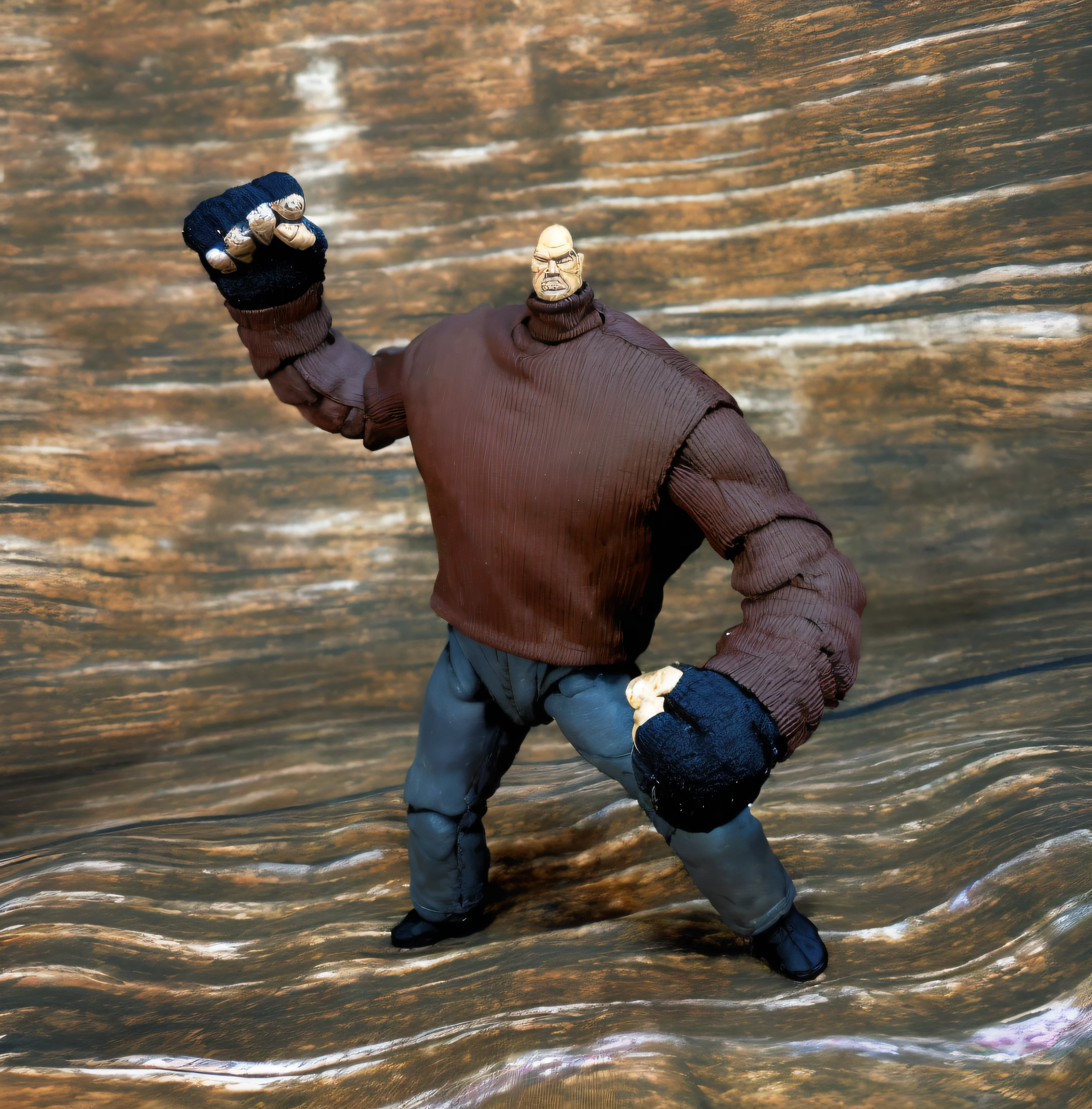 pinman, 3d \(artwork\), action figure, middle aged, full body view, from front position, arm up, one arm out, fists clenched, brown turtleneck ribbed sweater, blue fingerless gloves, jeans, blue footwear, detailed clothes texture