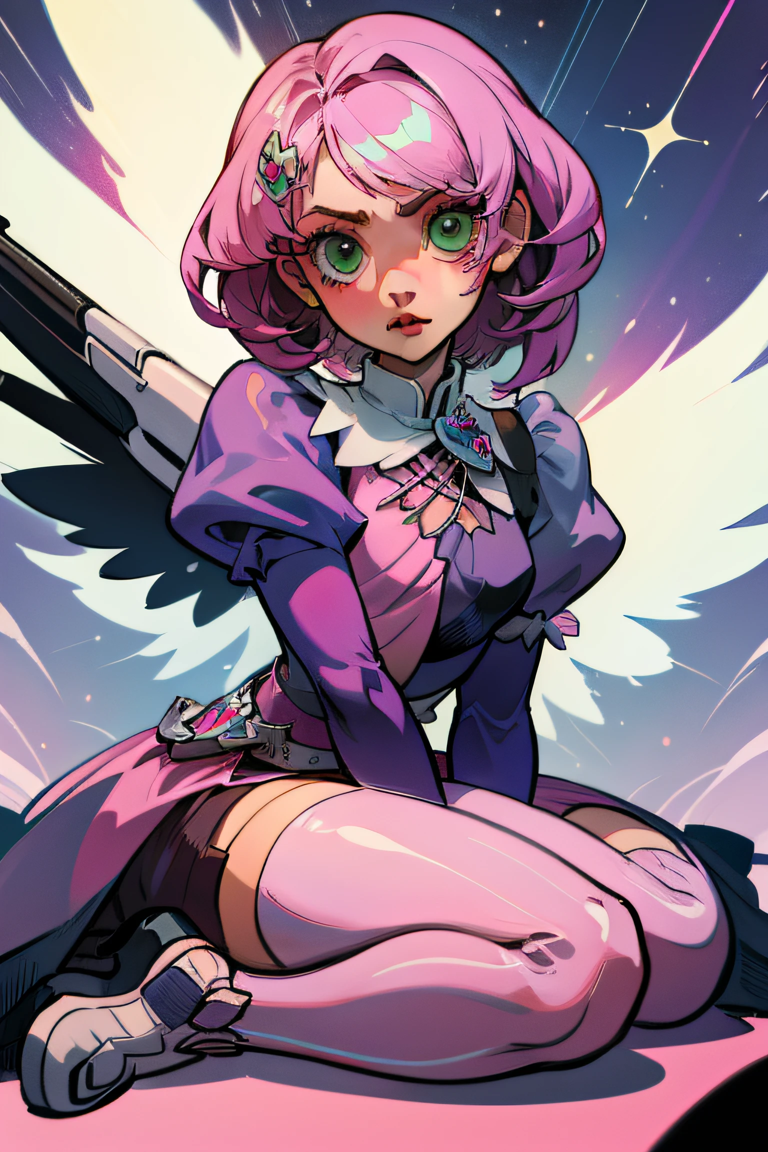Alisa bosconovitch, melhor qualidade, contemporary, estilo plano, minimalismo, Green Eyes Flat Illustration, cabelo rosa, cabelo curto, cabelos multicoloridos, Camisa Preta, mechanical wings, Head Portrait Close-U, peito pontudo, decote, super decote, middlebreasts, Tekken,cabelo rosa pastel, 1girl, em quimono, hand-painted,Desenho de linha sem cor, colorida do yandere pastel, Tekken, Super cute pink girl hair with gothic makeup on the side, com roupa de empregada,figura esbelta,robusto,He sat on the floor,Vestido com roupas de empregada rosa e branco,cabelos muito curtos,com orelhas de gato,quadratic element,, kawaii cor-de-rosa na roupa da era de 1910, Alisa Bosconovich pink lips, no estilo da paleta de cores suave aurorapunk, an anime illustration of his face, gifs animados, hand drawn animation, charming sketches, suave e brilhante, romantismo nebuloso, Estilo Superflat, fundo branco - ar 1:1 - niji 5 - estilo expressivo --s 50 , kawaii cor-de-rosa na roupa da era de 1920