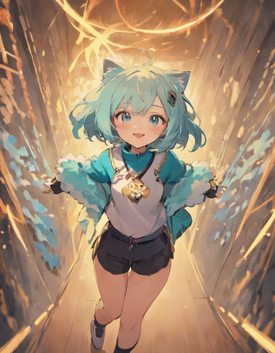 Genshin impact, Girl, Cyan Hair, Cat ears, cute, perfect smile, perfect hands, perfect eyes, cyan eyes, black pullover with white outlines and black shorts, Cyan fluffy cat tail, magical, powerful