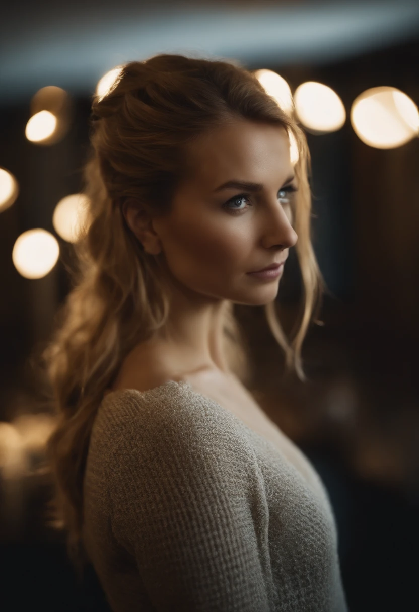Highly detailed, Erotische Frauen, Strickhemd, Goldenes Haar,poneyTail,light-skinned),Fokussierung auf das Gesicht, Fokus auf das Gesicht, komplizierte Augen,Der Hintergrund ist imClub,