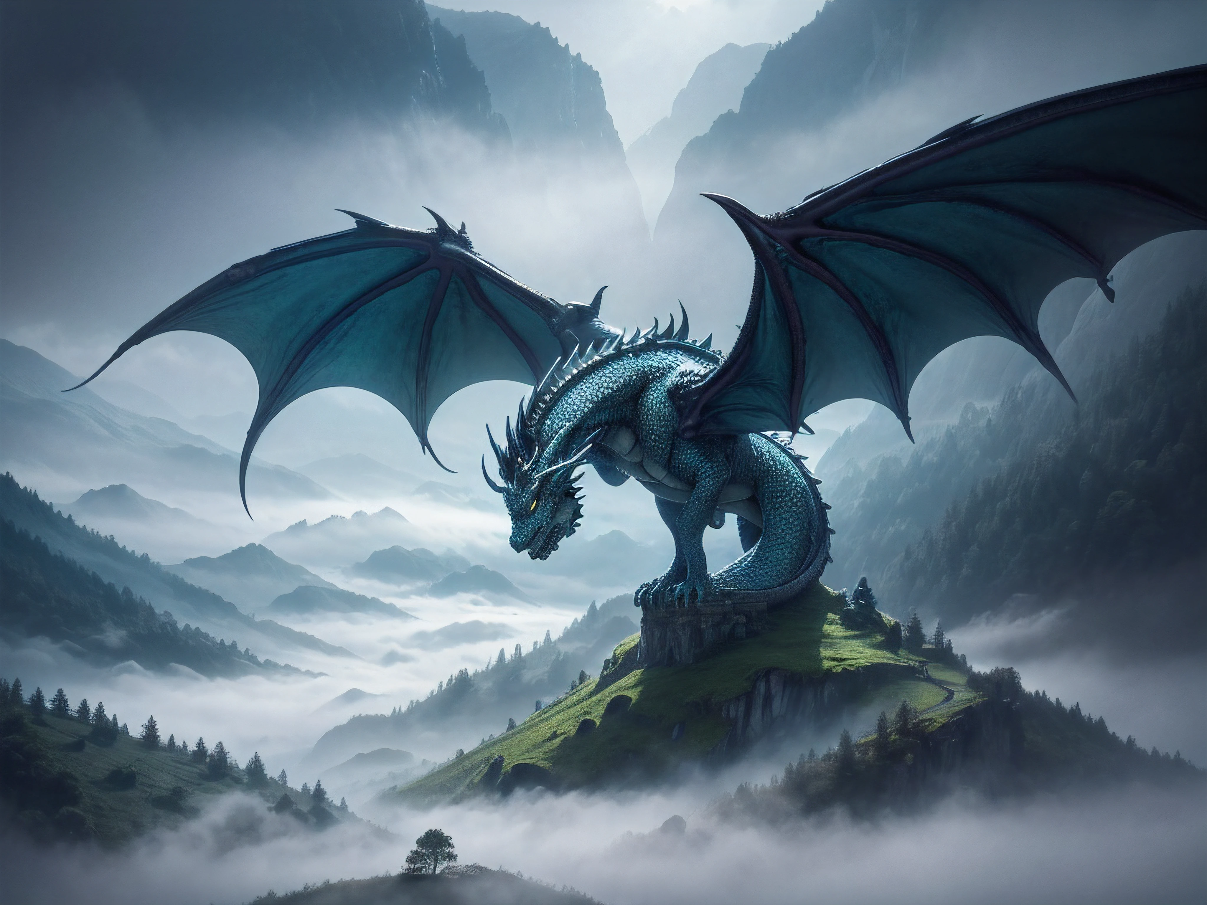 best quality, highres, ultra-detailed, (realistic:1.37), HDR, dragon, mist, sleeping, magical atmosphere, mythical creature, scales, majestic, misty landscape, dreamlike, ethereal, fantasy, vibrant colors, dragon's eye, serenity, tranquility, mystical, fine art, artistry, atmospheric lighting, shrouded in mist, peaceful, mysterious, dormant