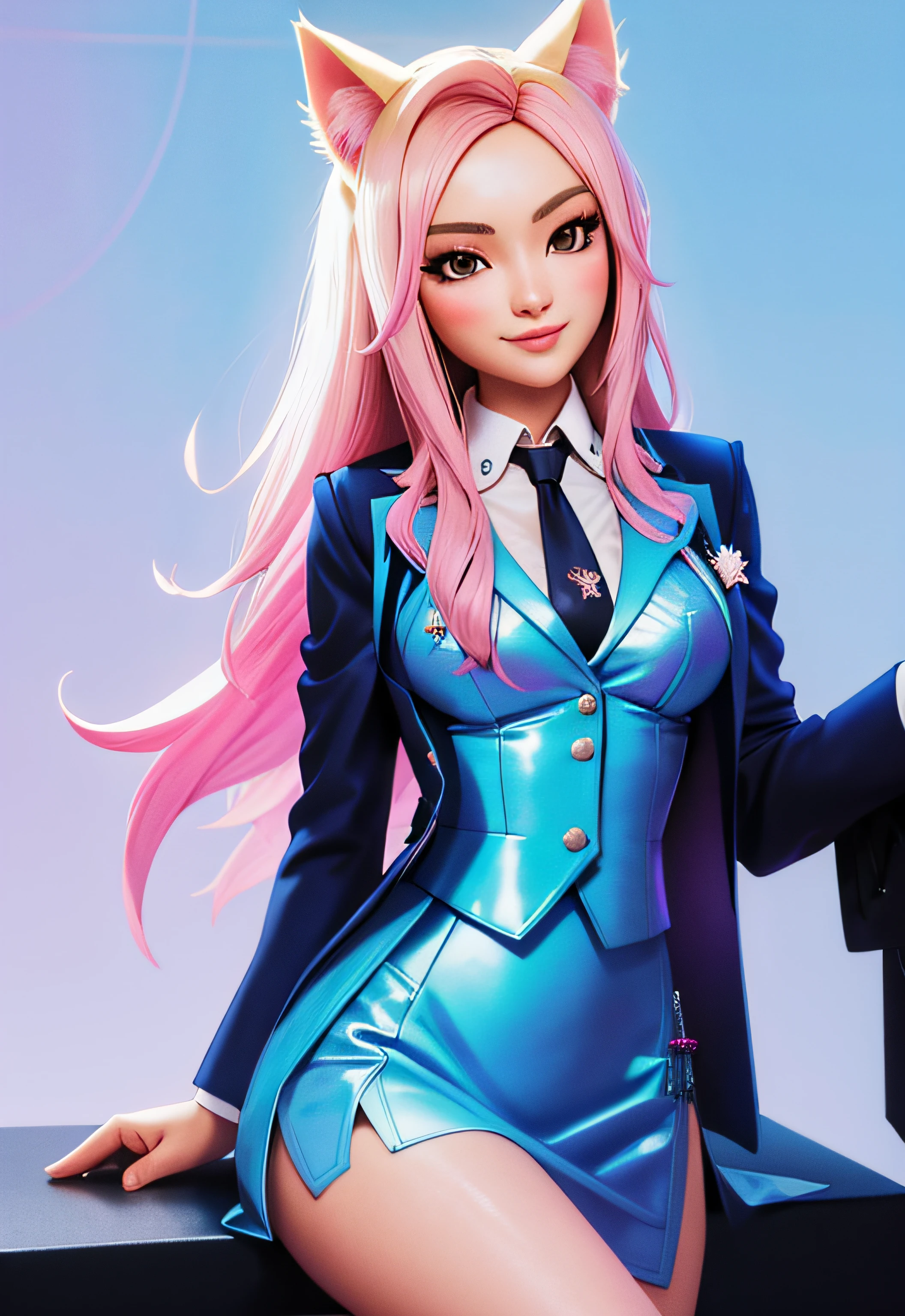 kda_ahri, smirk, sitting,  skirt suit, (((three-piece suit))), (((necktie))), blazer, (((suit jacket))), (((waistcoat))), double-breasted waistcoat, bodycon miniskirt, pencil skirt,