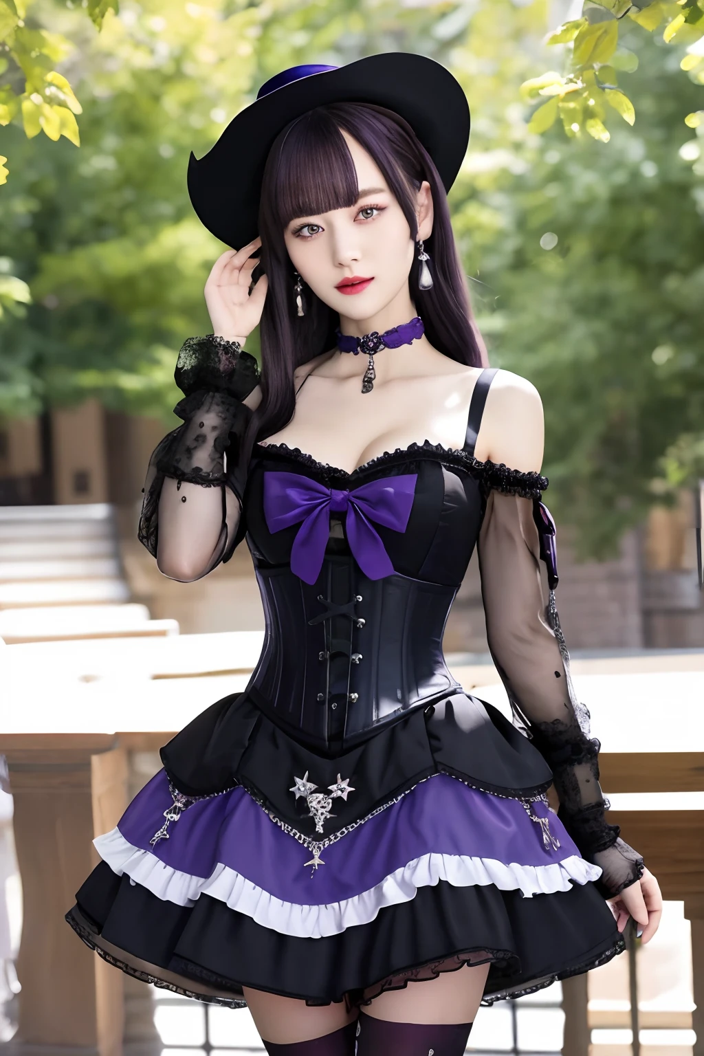 masterpiece, best quality, highres, sk3, eyepatch, purple eyes, gothic, mini hat, black dress, striped pantyhose, choker, off-shoulder dress, corset, blue bow, jewelry, cowboy shot, standing, outdoors