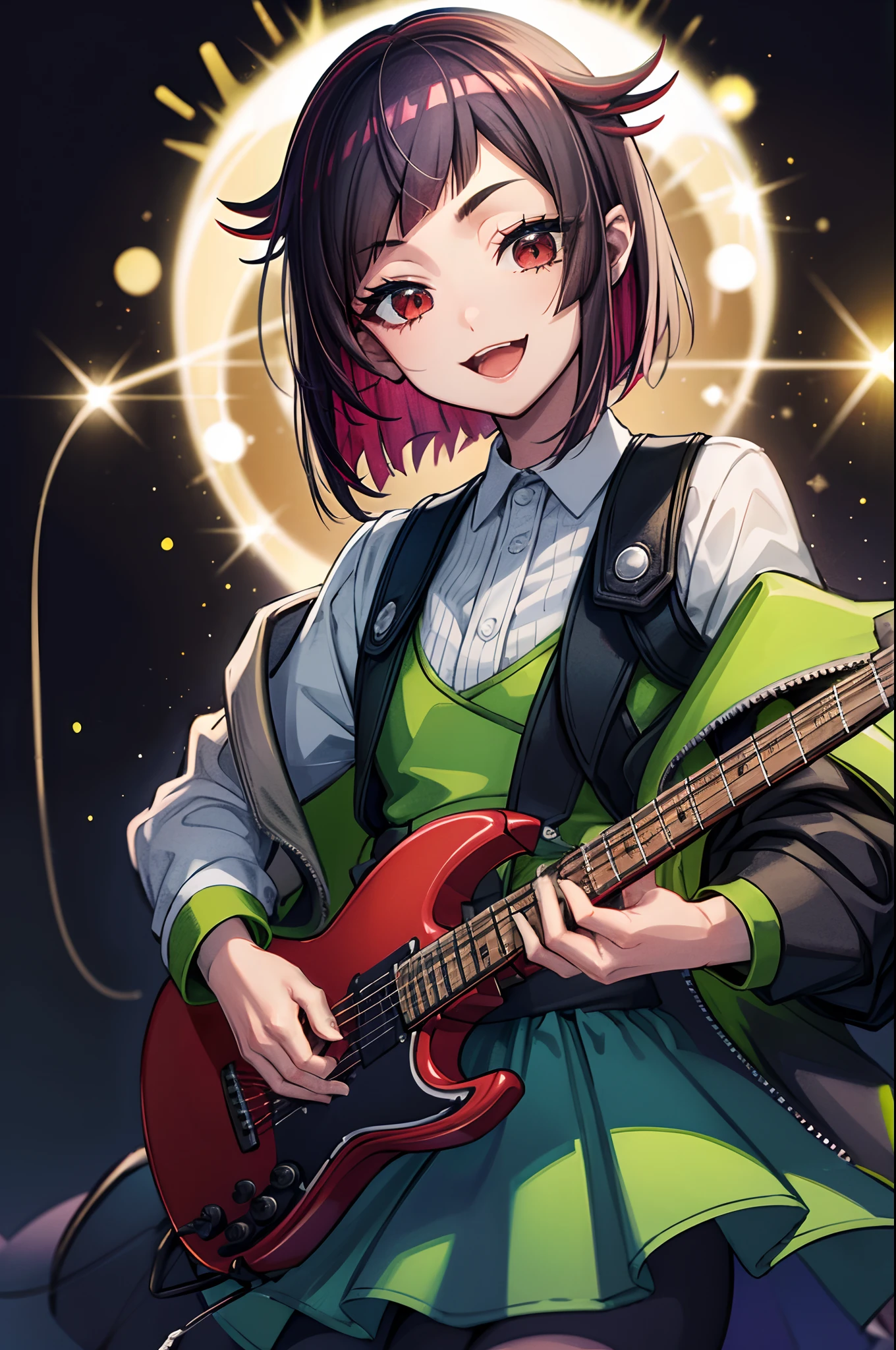 Lilia Vanrouge, tocando guitarra, sorriso no rosto, sem fundo, foto de corpo inteiro, Red colored electric guitar held in his hands, eletric guitar, olhando para a camera, Photo taken 3 meters away.