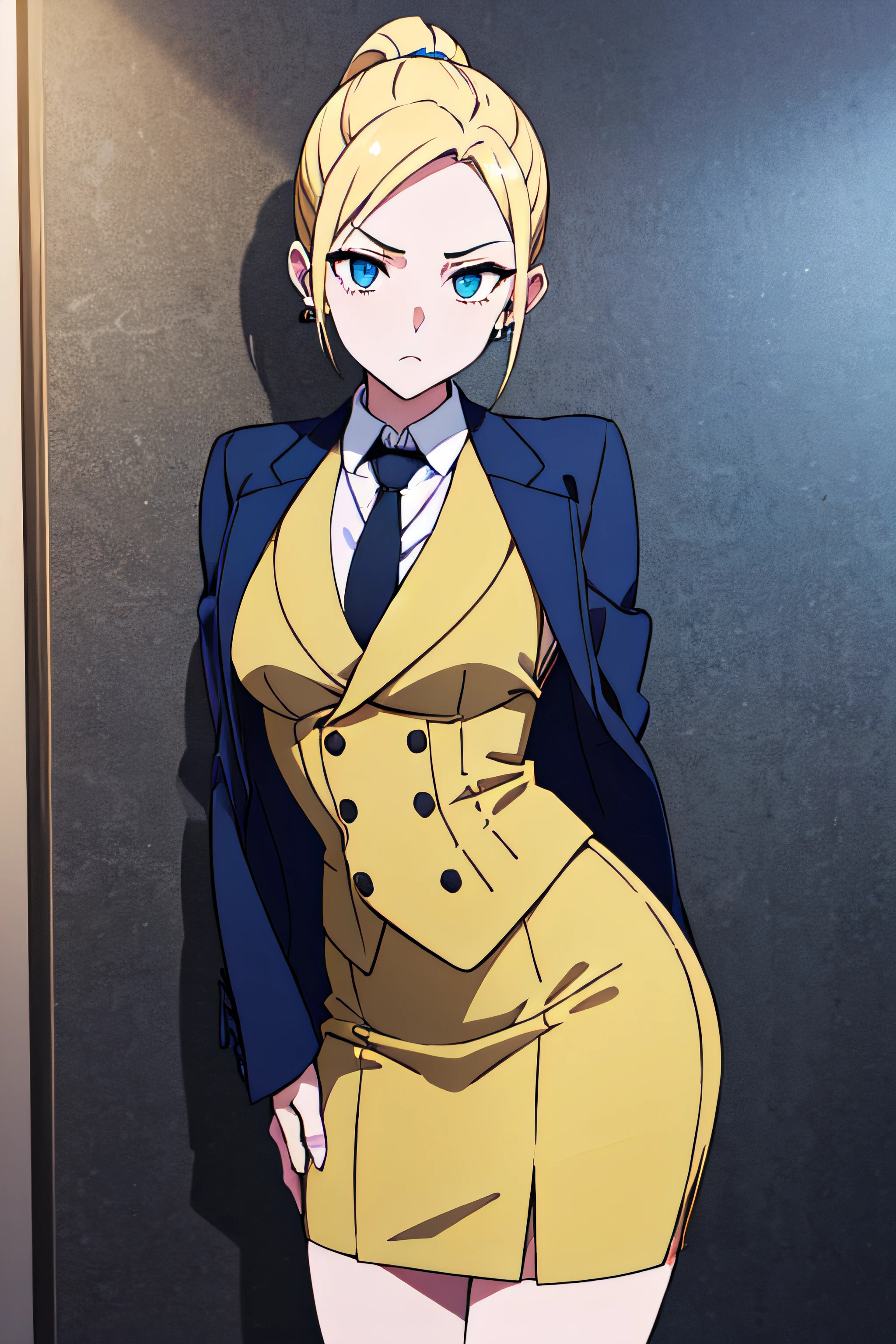 megaera, 1girl, solo, ponytail, colored skin,  skirt suit, (((three-piece suit))), (((necktie))), blazer, (((suit jacket))), (((waistcoat))), double-breasted waistcoat, bodycon miniskirt, pencil skirt,, piercing, ear piercing, blue skin, single wing, facing viewer, looking at viewer, scowl