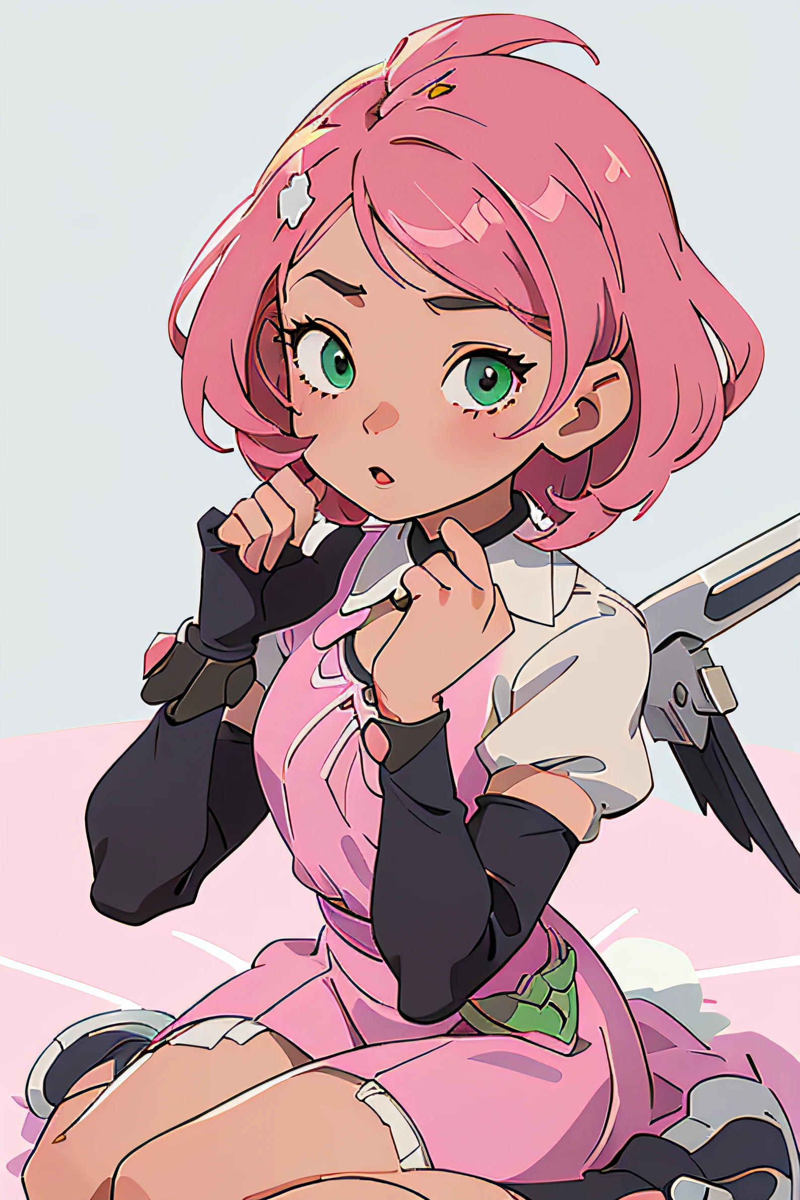 Anime girl with pink hair and green eyes holding a gun - SeaArt AI