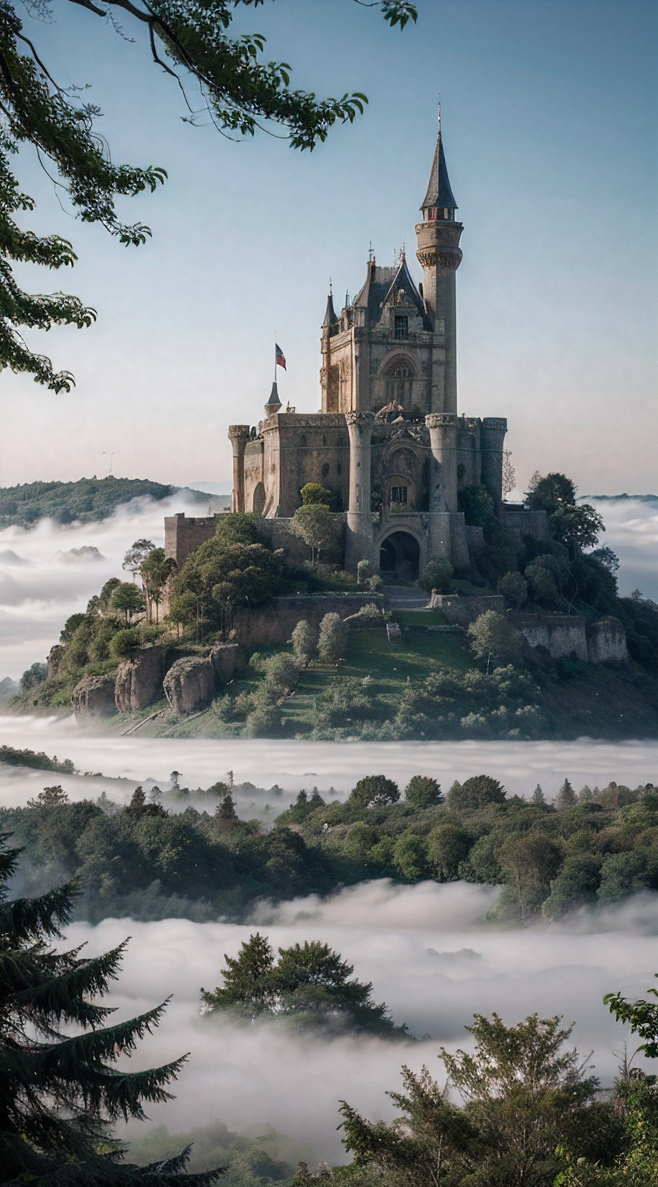 An ancient castle hidden behind the mist of the dense forest