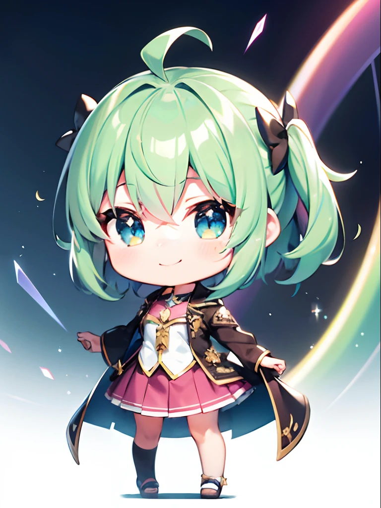 超A high resolution, Best aesthetic, Top quality depiction of the foot, Put on a jacket, Green and blue hair on the back, Flat Avatar, Anime visuals of cute girls, Cute art style, Chibi, Shorthair, Ahoge, is shy, A smile, hair adornments,Chest out, absurderes, superfine illustration,rainboweffect, hight resolution, ultra-detailliert,Light diffusion,highly detailed light reflection, Kaleidoscope, Harmonious, Best Shadow, highly detailed very beautiful big smile face, beautiful growing crystal diamond star pupil,look at viewr, beautiful detailed hair, Solo, Dynamic Pose, beautiful detailed pink and black ribon, beautiful detailed High school uniform, Fantastic and sparkling throughout、Shooting stars and windy background detail background