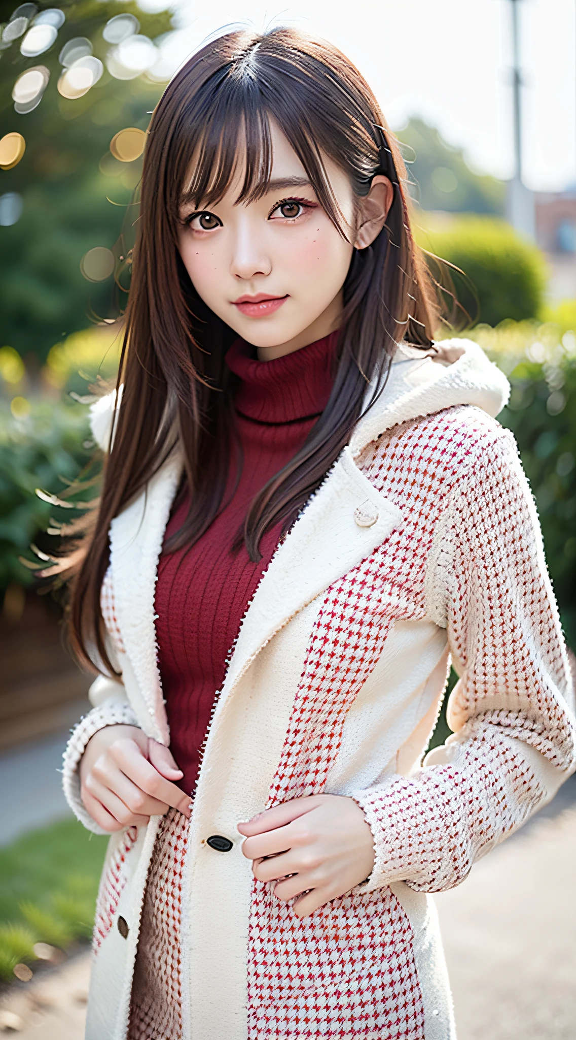 (symmetrical, Compositions with colorful geometric arabesque patterns, Flowers, bubbles), break, (1girl), (18 years old), Super beautiful detailed face, smile shyly, symmetrical black eyes, small breasts), break, (red houndstooth coat:1.4), (off-white turtleneck sweater dress:1.3), skirtlift:1.3, dark brown hair, half updo, (Fine face:1.2), break, High quality, Realistic, extremely detailed CG unified 8k wallpaper, highly detailed, High-definition raw color photos, professional photography, Realistic portrait, Cinematic Light, Beautiful detailed, Super Detail, high details, (((Bokeh))), depth of fields, illumination, Super stylish lighting